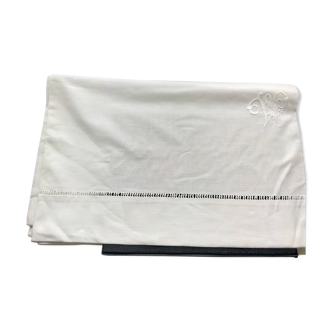 Drap ancien en coton blanc monogrammé  WS  2 X 2.60 m