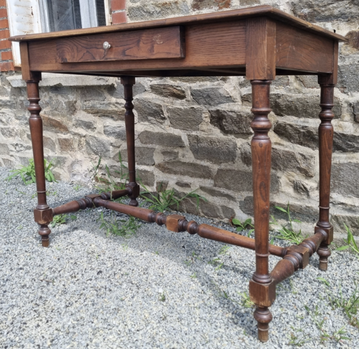 Writing table or wooden desk, Louis XIII style, turned feet, vintage