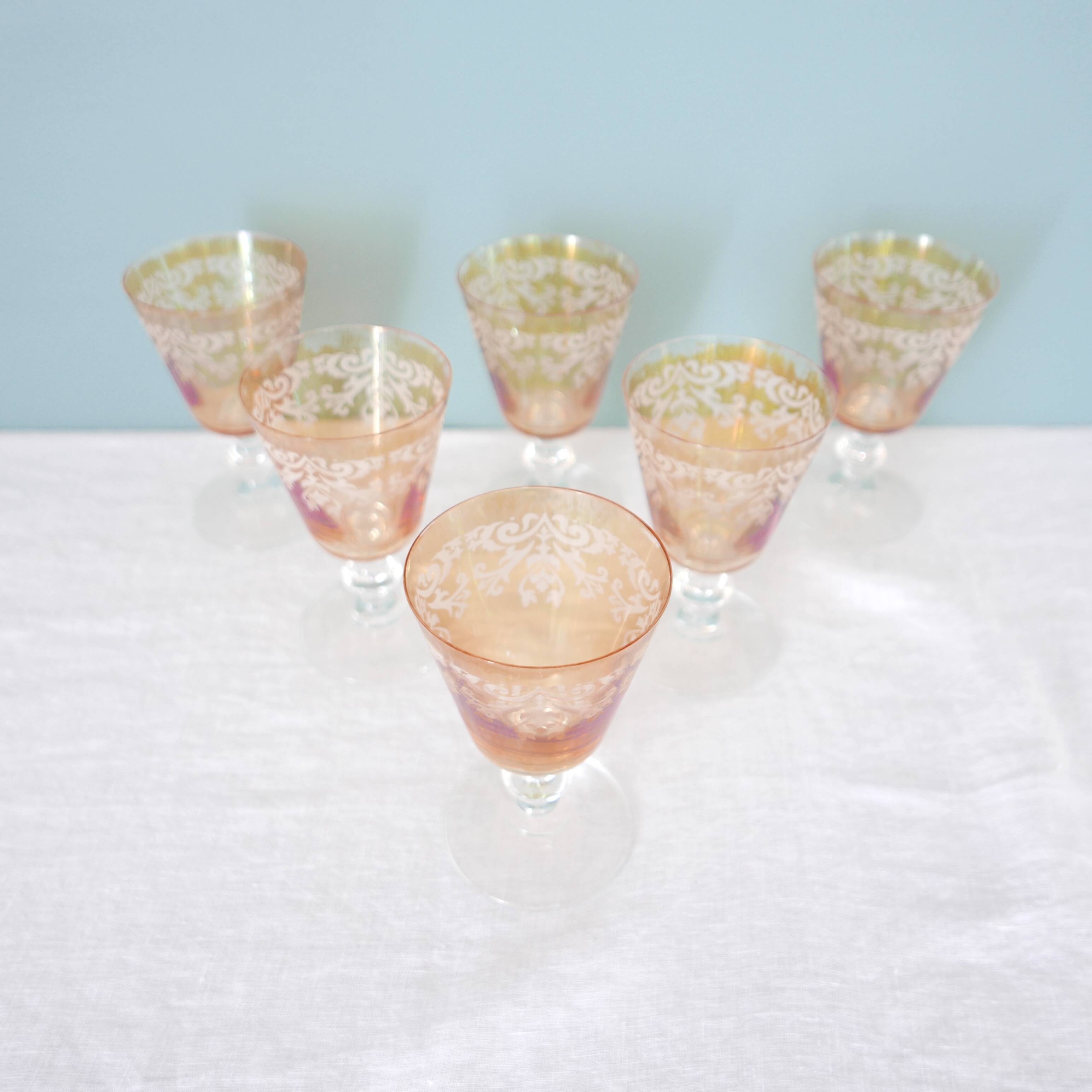 6 Orange-tinted engraved glass wine glasses