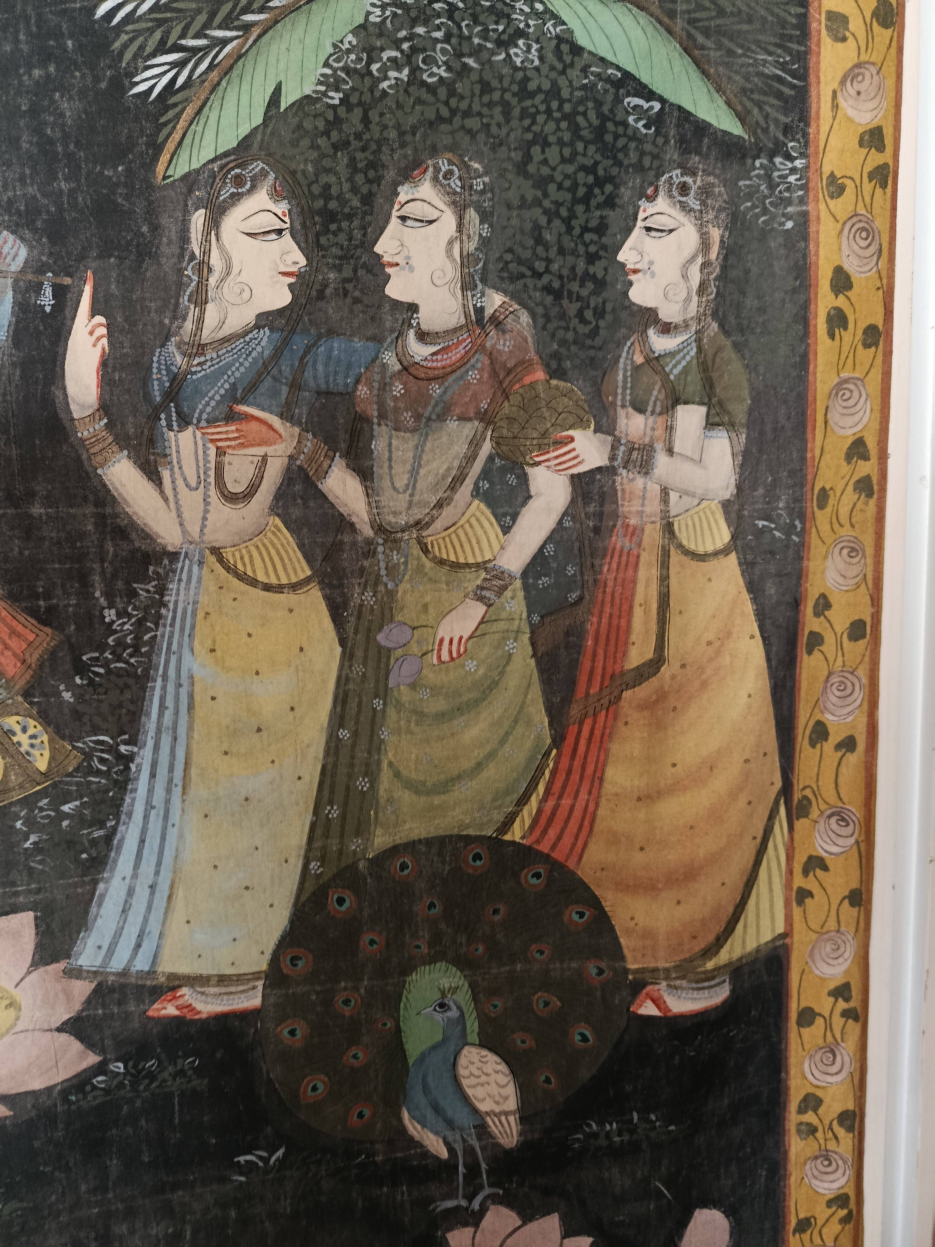 INDIA PICHWAI painting on silk KRISHNA RADHA GOPIS, Kanera Rajasthan mid 20th century