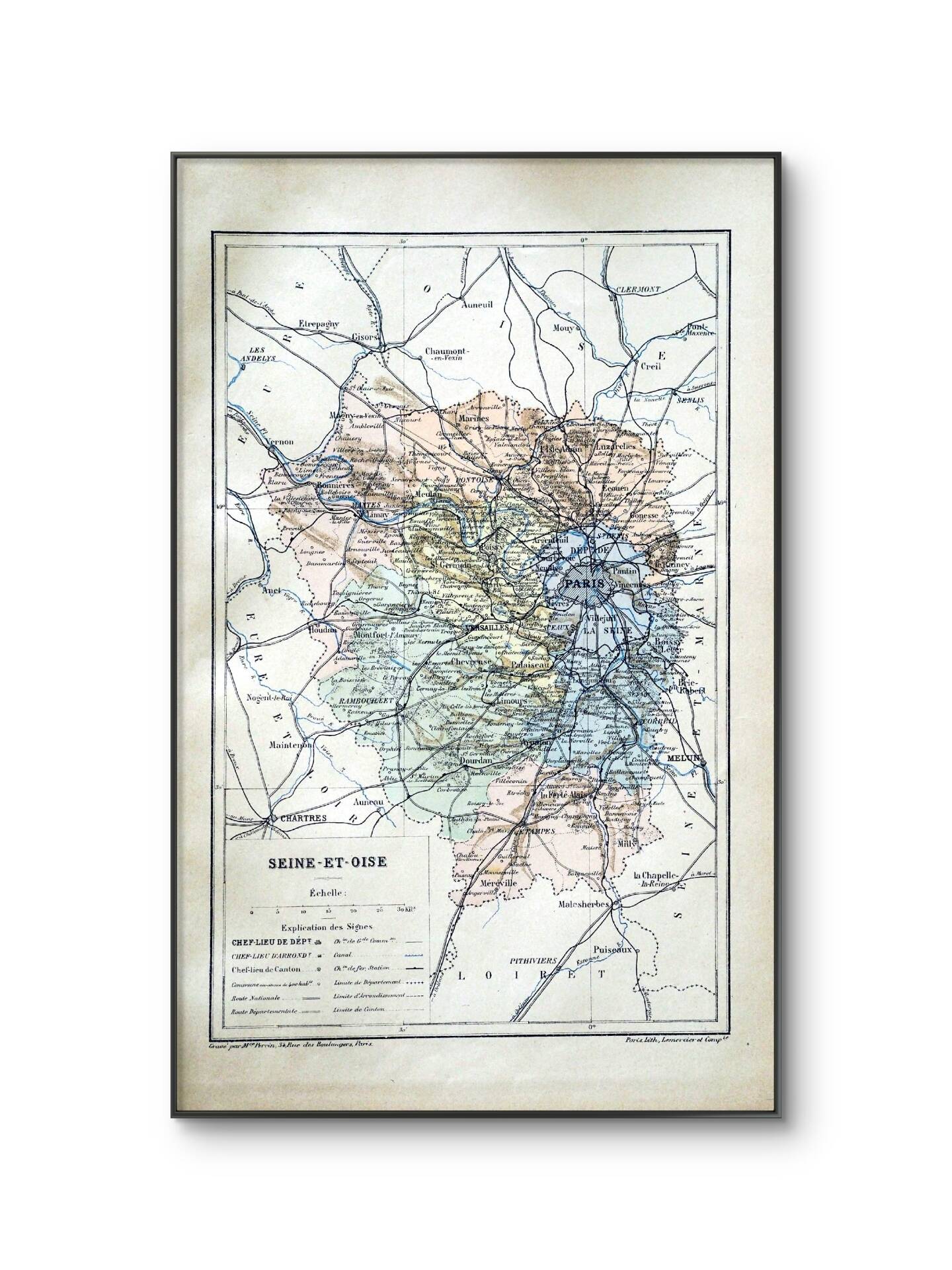 Map of Seine-et-Oise, France. Antique printed in 1889.