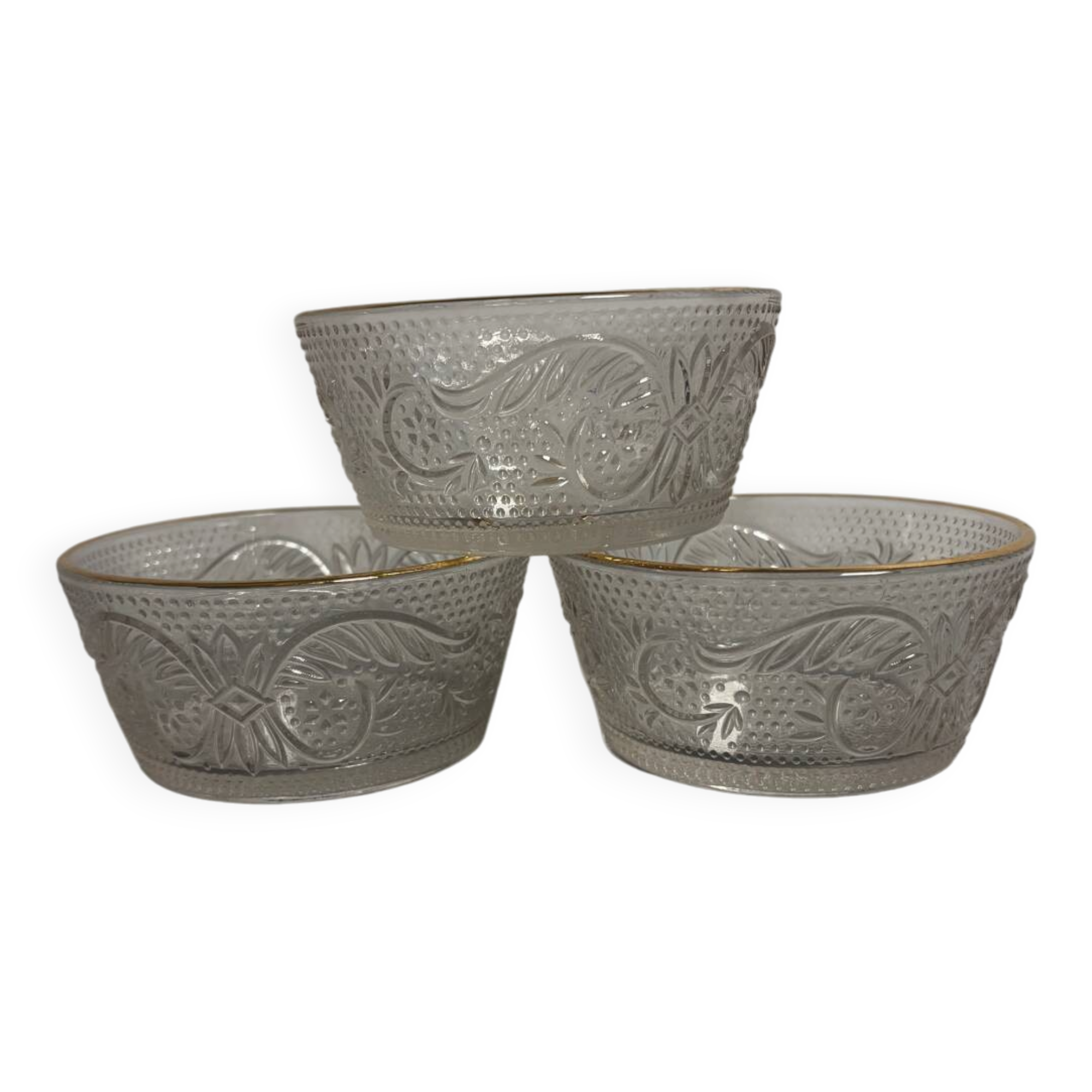 Set of 3 glass bowls with gold embellishments.