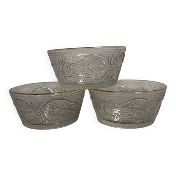 Set of 3 glass bowls with gold embellishments.