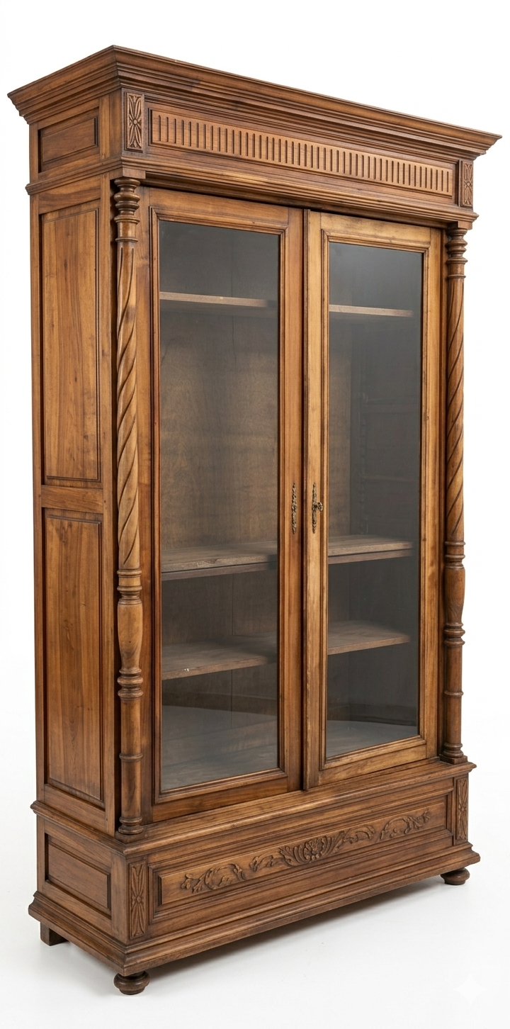 Vintage antique wooden wardrobe with glass doors