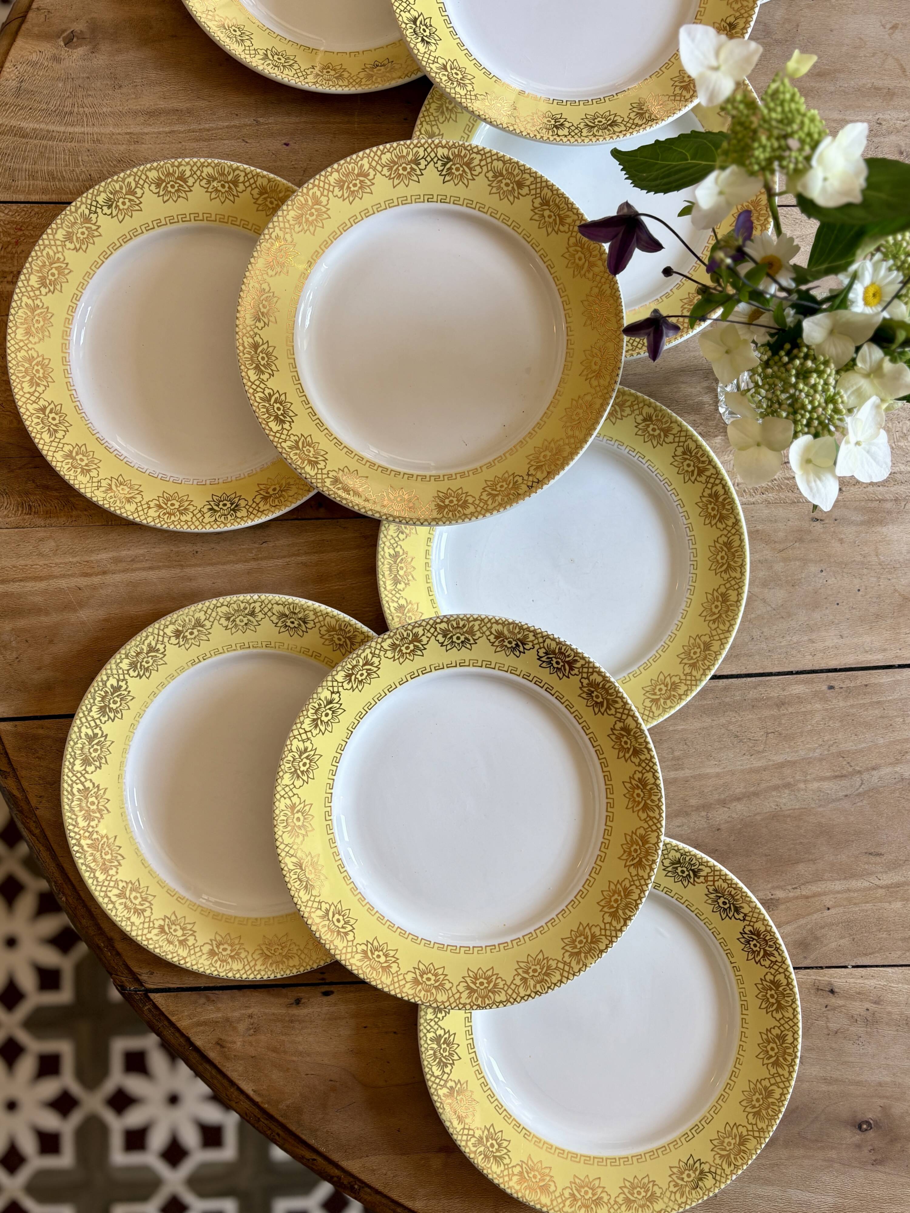 Set of 10 vintage white, yellow and gold dinner plates