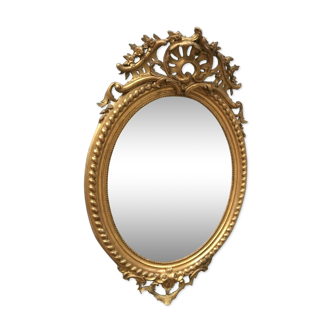 Oval mirror with wooden pediment and gilded stucco oval ice beveled Napoleon III - 80x120cm