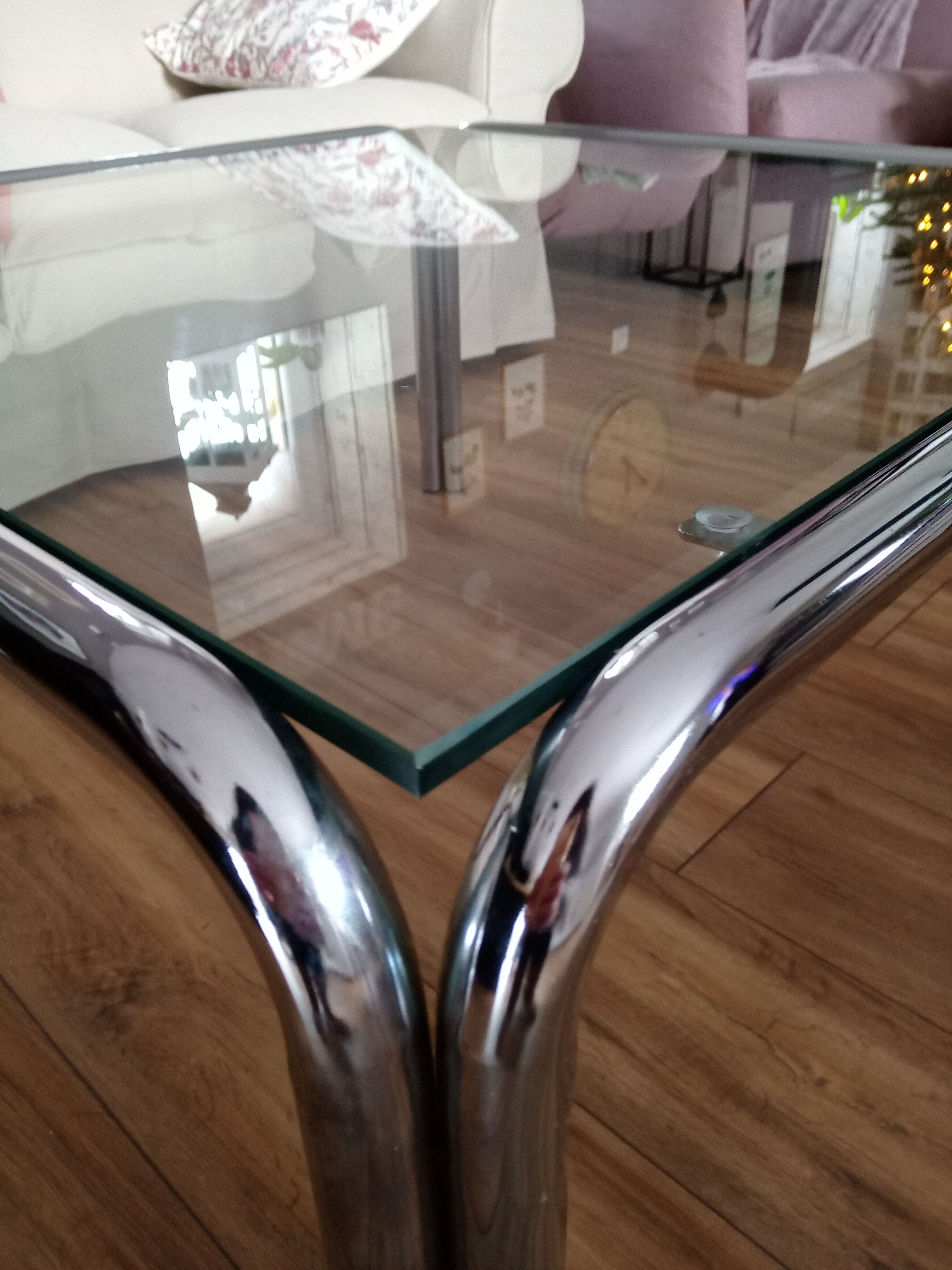 Table basse carrée vintage années 70 plateau en verre transparent et pieds chromé