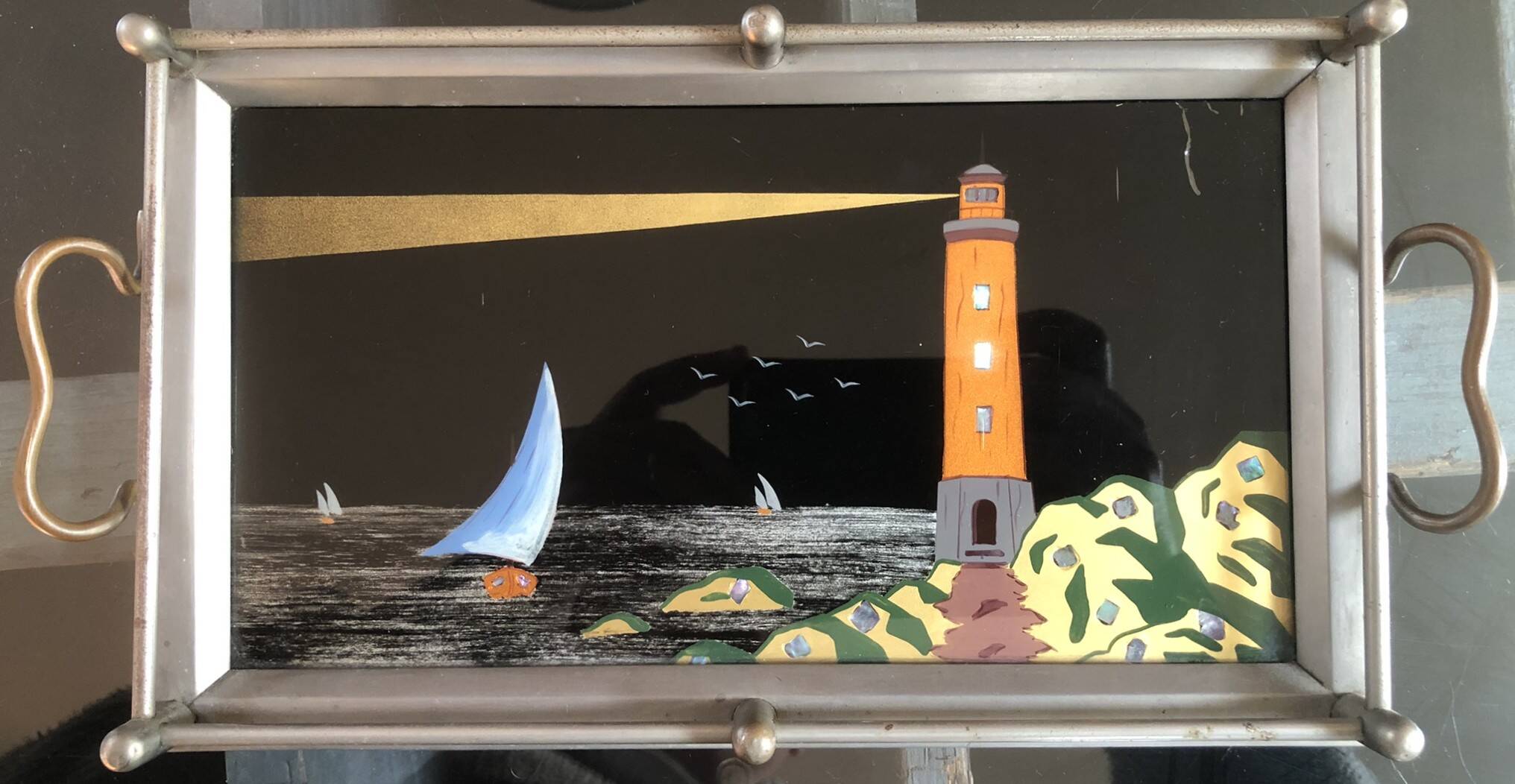 Plateau à service Art-Déco – Peinture sous verre & nacre
