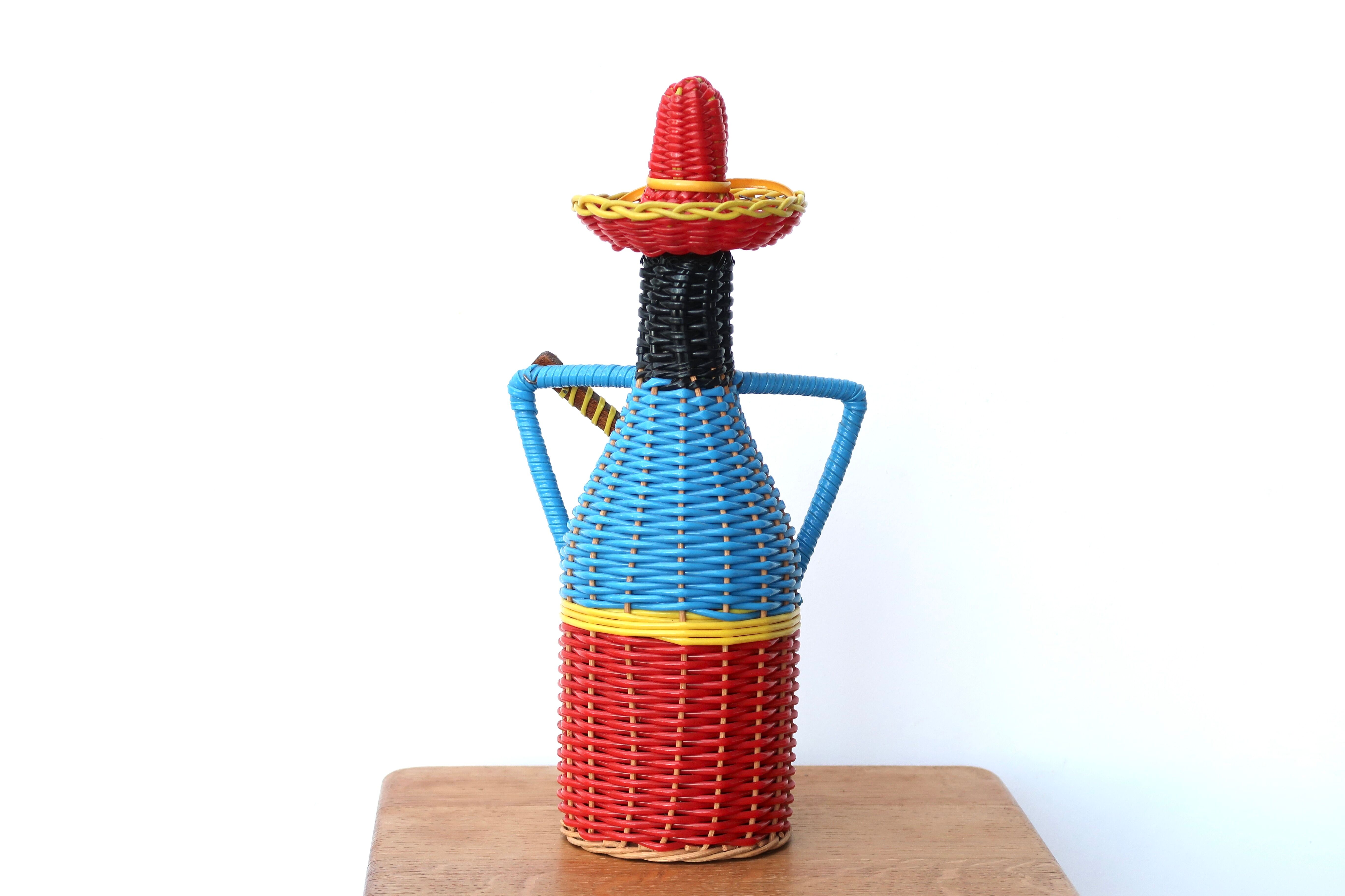 Bottle covered with scoubidou, musician, 60s