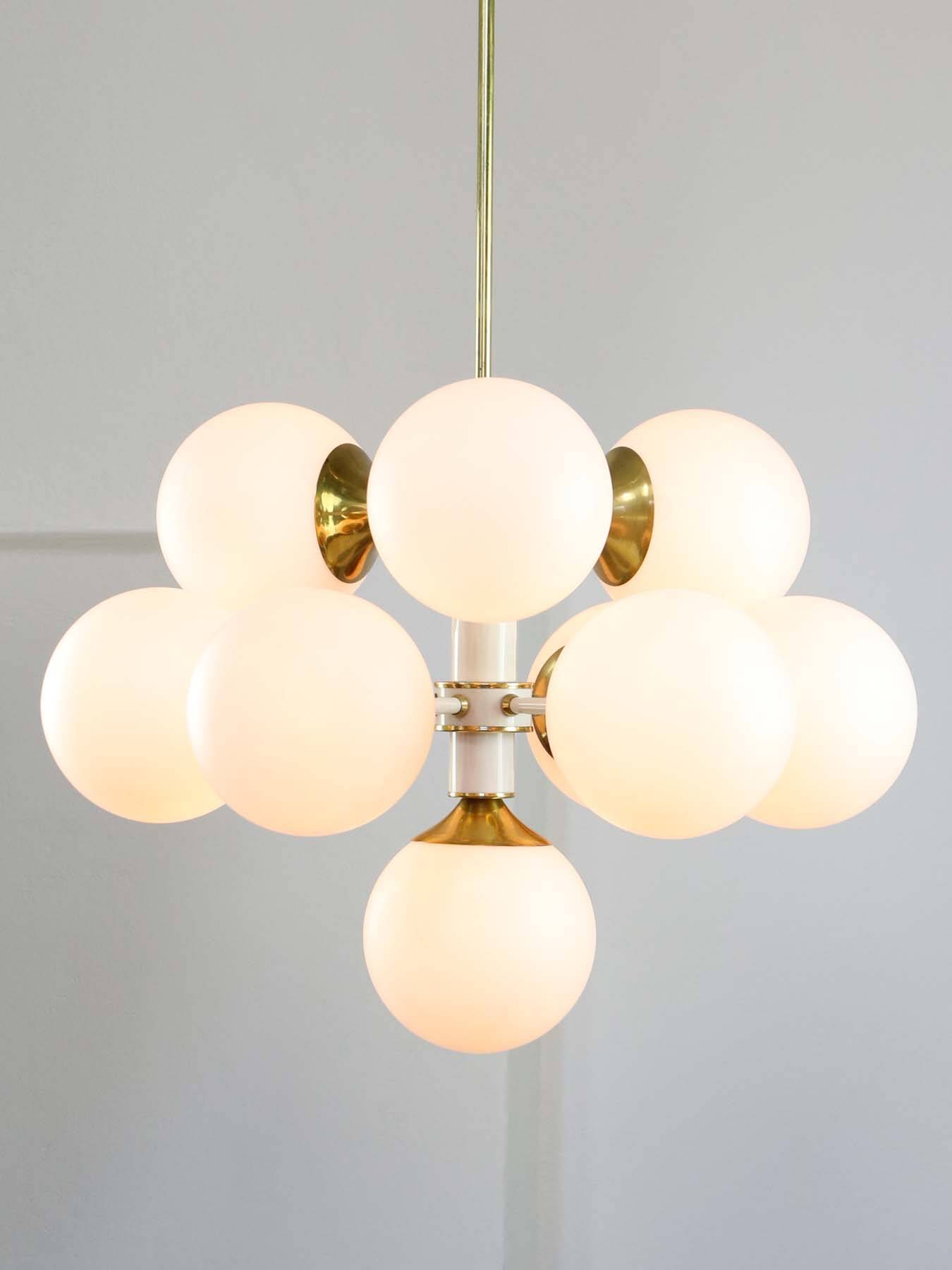 Vintage Italian Brass and Opaline 10 Arm Sputnik Chandelier, 1970s