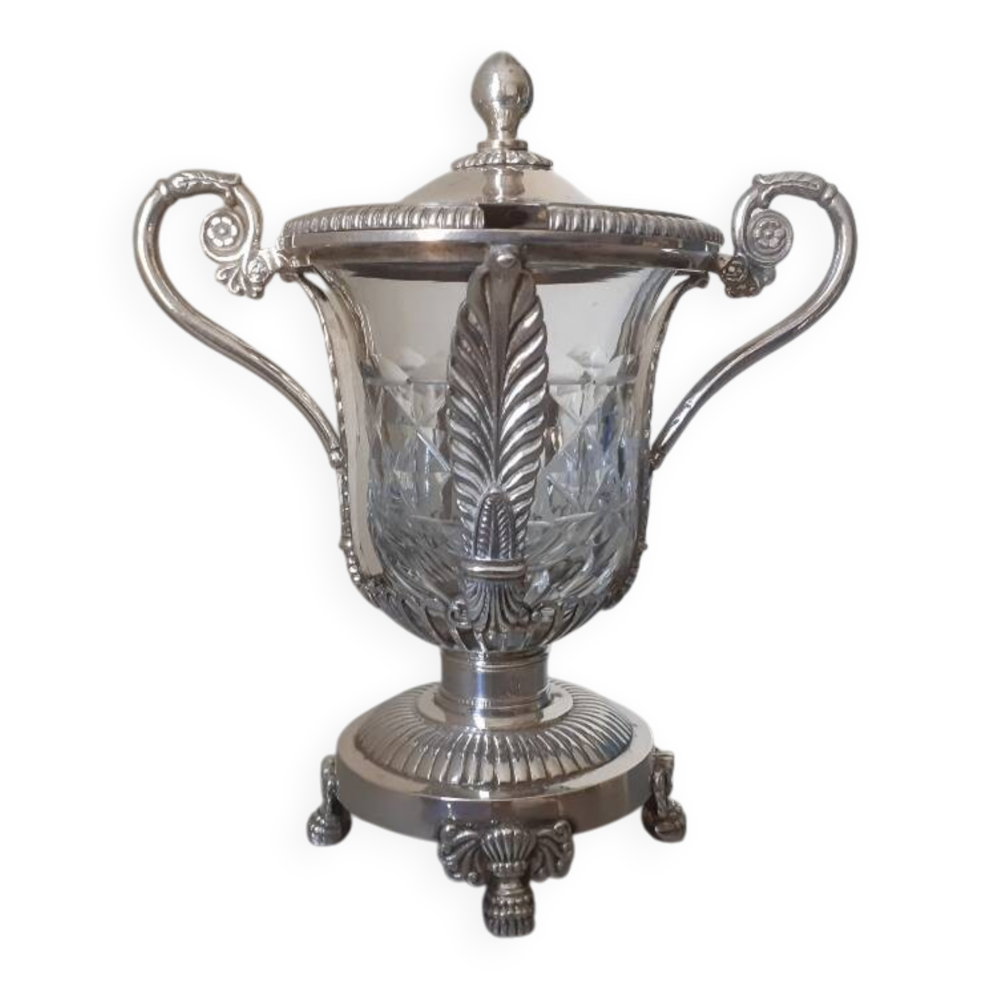 Mustard pot in solid silver and crystal