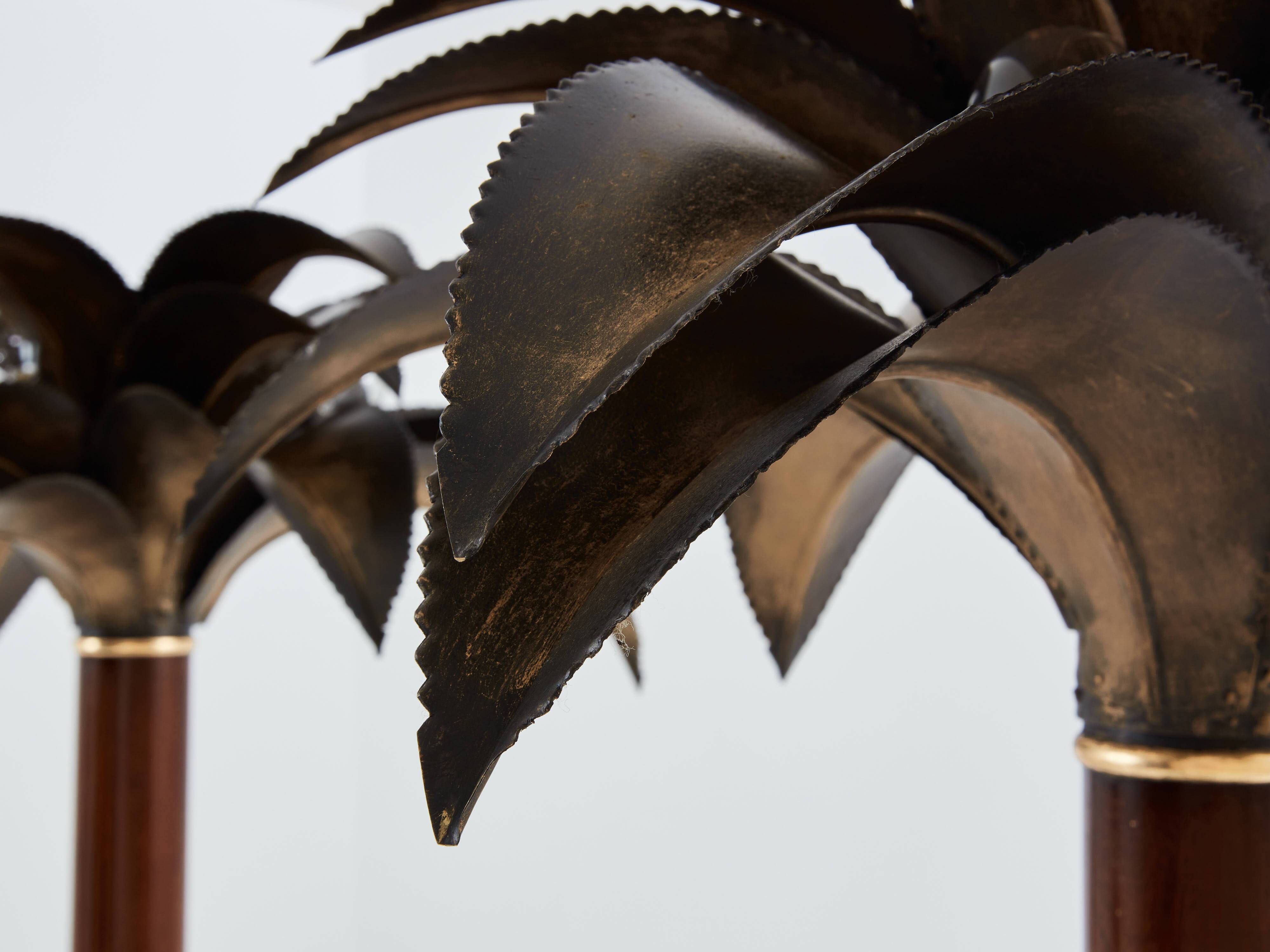 Maison Jansen style pair of bronze mahogany palm tree lamps 1960s