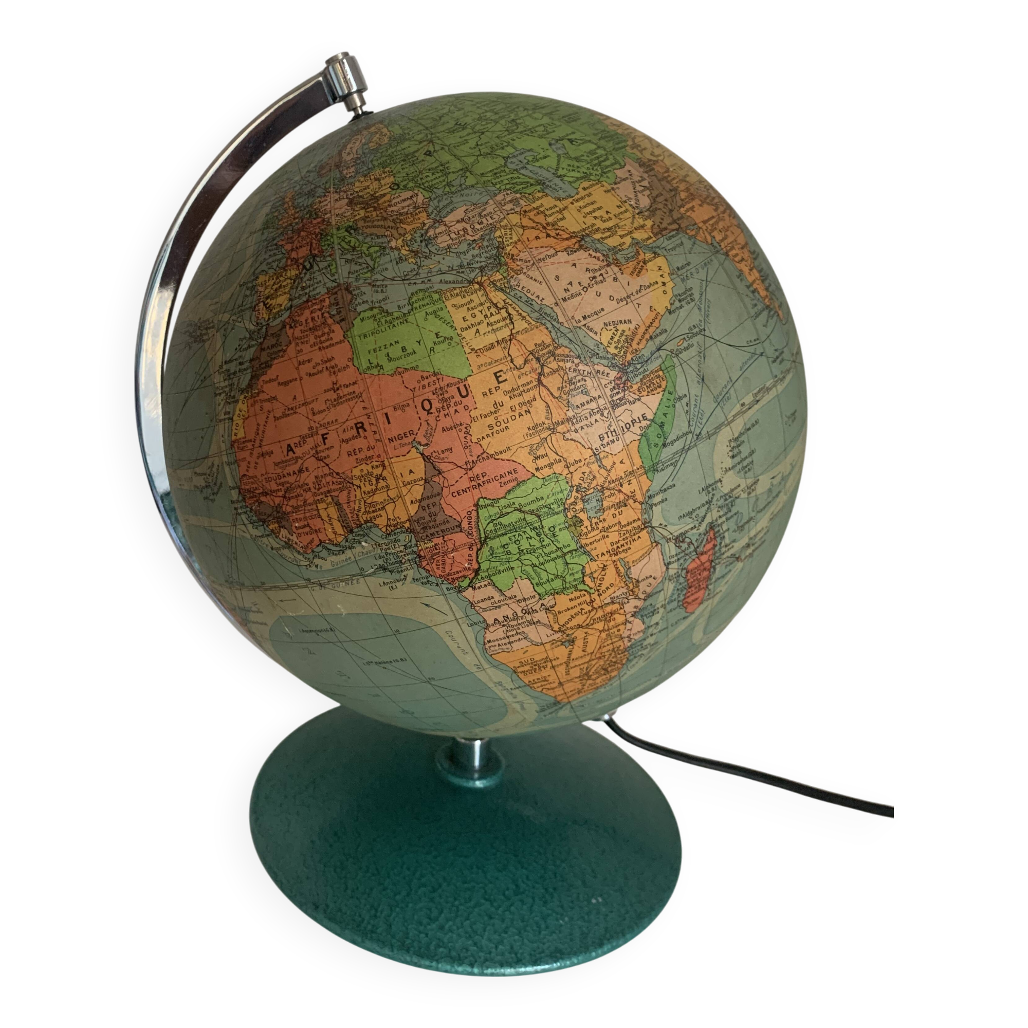 Globe vintage 1960 terrestre verre Perrina laqué vert mappemonde - 33 cm
