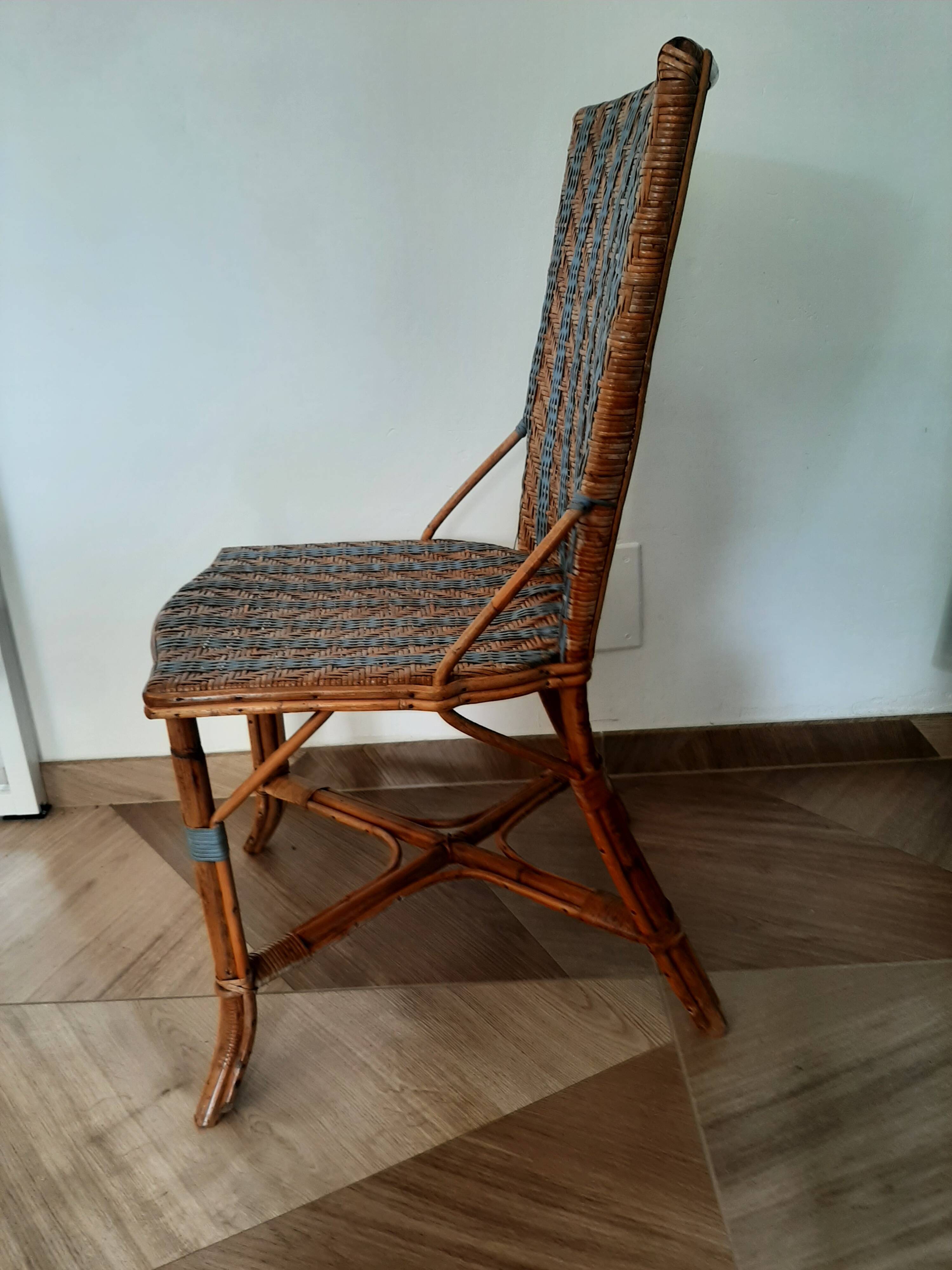 Vintage set of 2 garden woven rattan chairs - sky blue nets - 40
