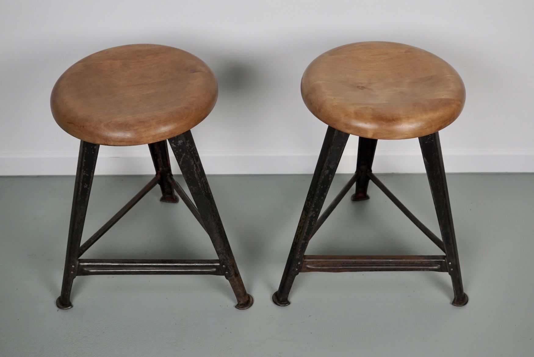 Pair of Industrial Steel Factory Stools By Rowac Robert Wagner Chemnitz, 1930s