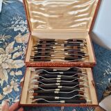 Coffret à Couverts à Poisson Antique en Acier Inoxydable et Bois du Milieu du 20ème Siècle