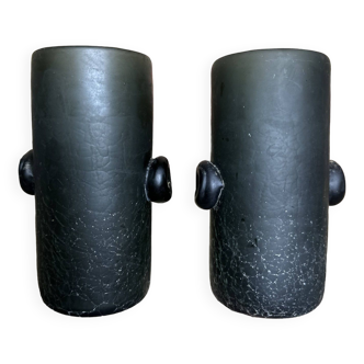 Vases (pair) in green paste, smoky green color, 1960s