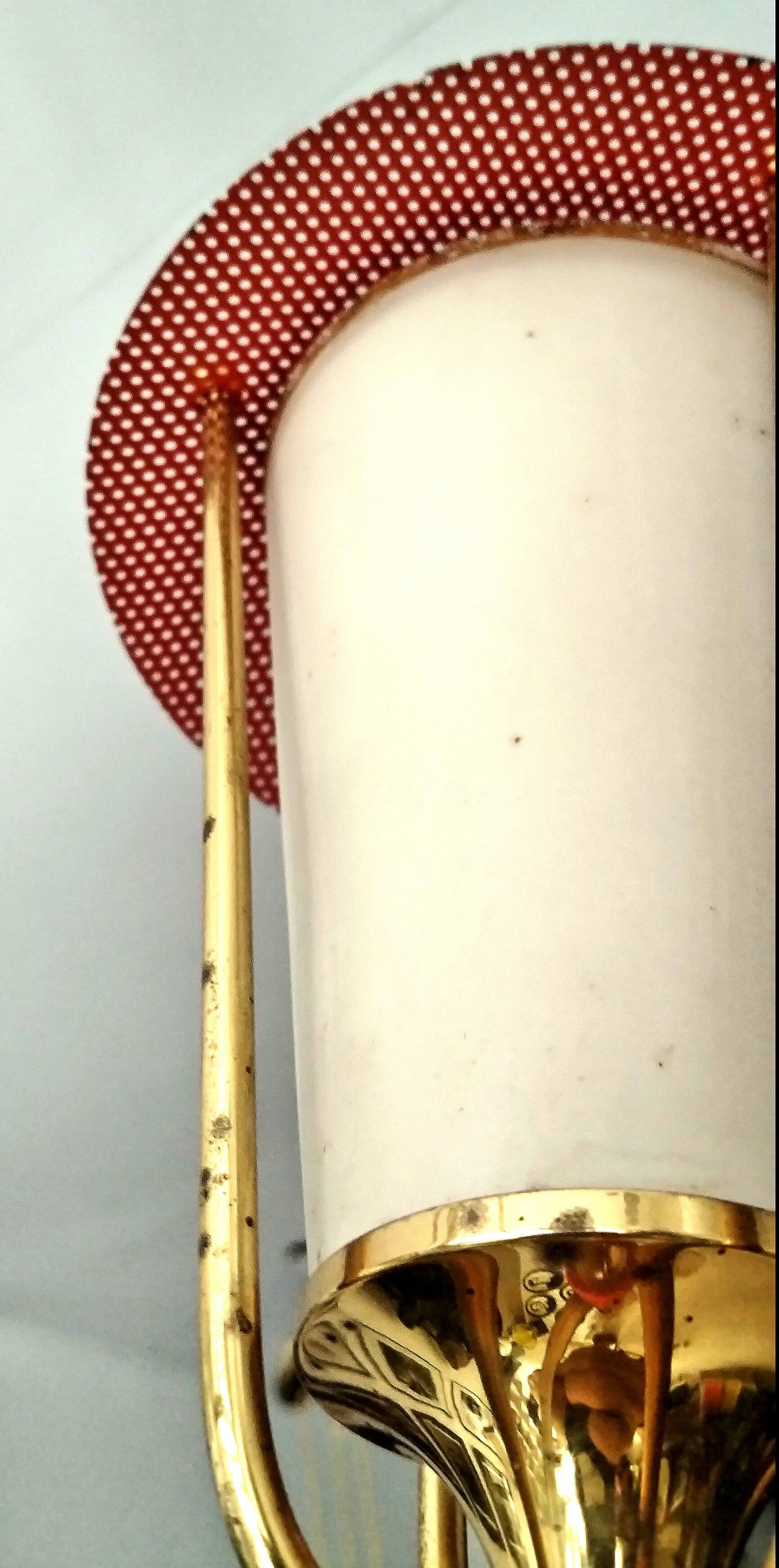 Three-arm pendant light in gilded brass and perforated metal by Maison Arlus Vintage from the 50s