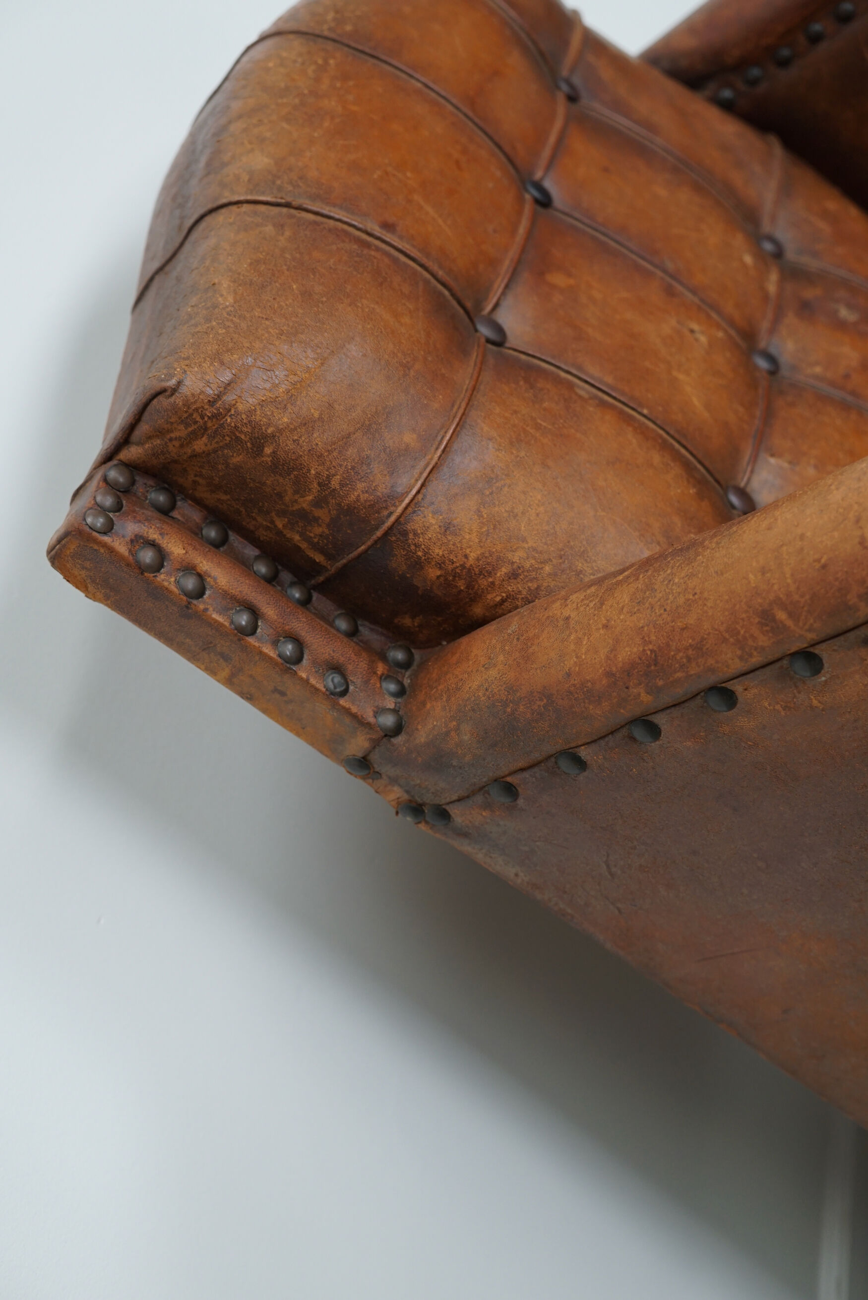 French cognac leather buttoned back club chair