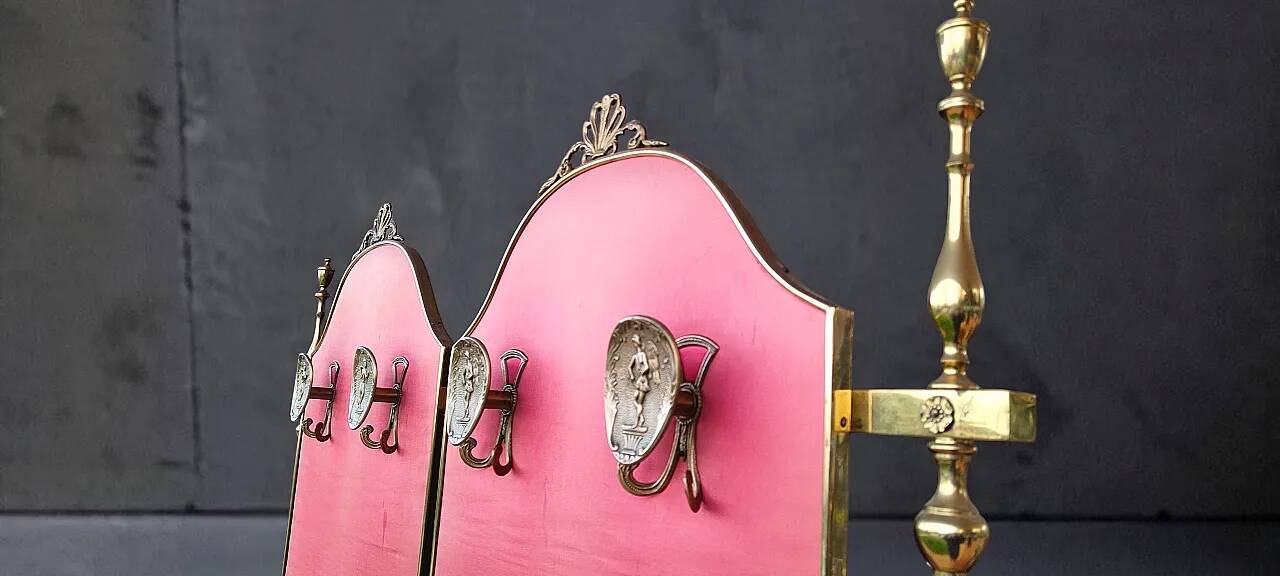 Italian coat rack in brass and red fabric, 1950s/60s.