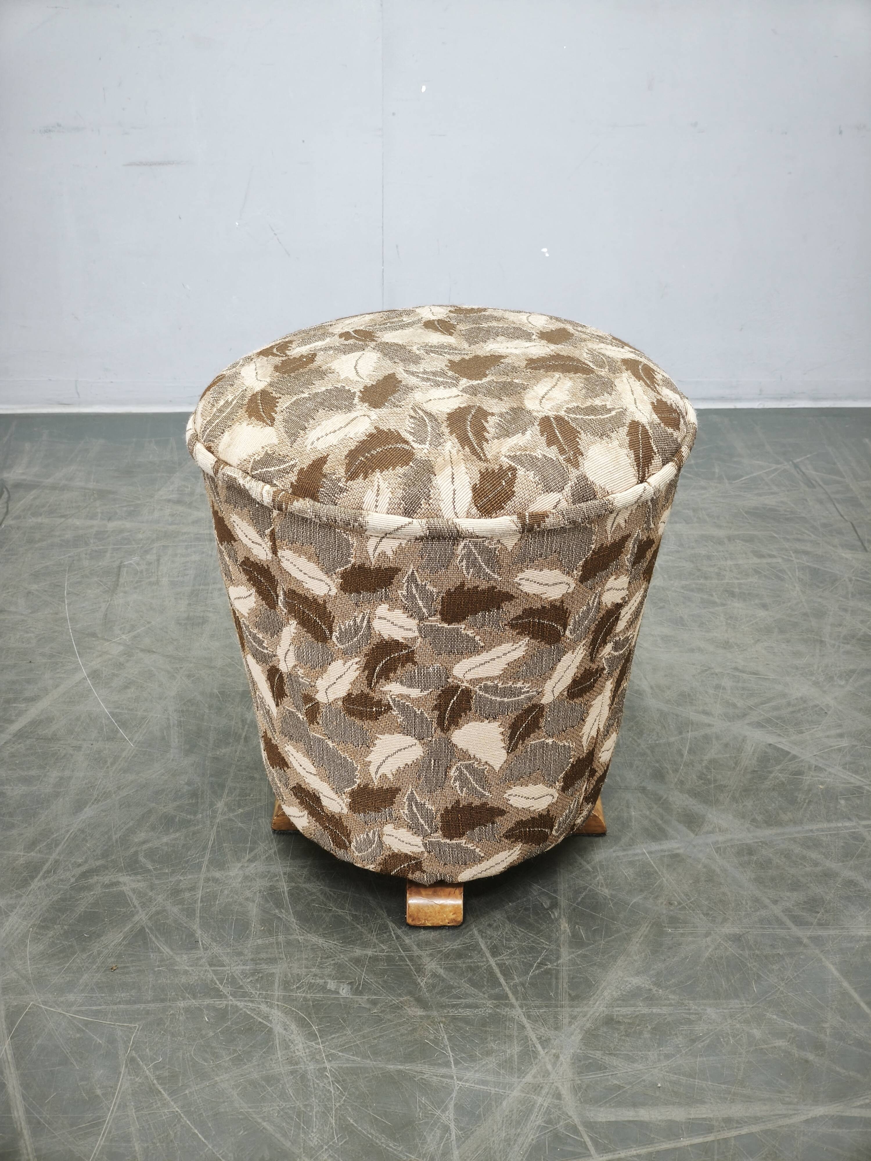 1930s Czechoslovak Art Deco Upholstered Round Tabouret Stool