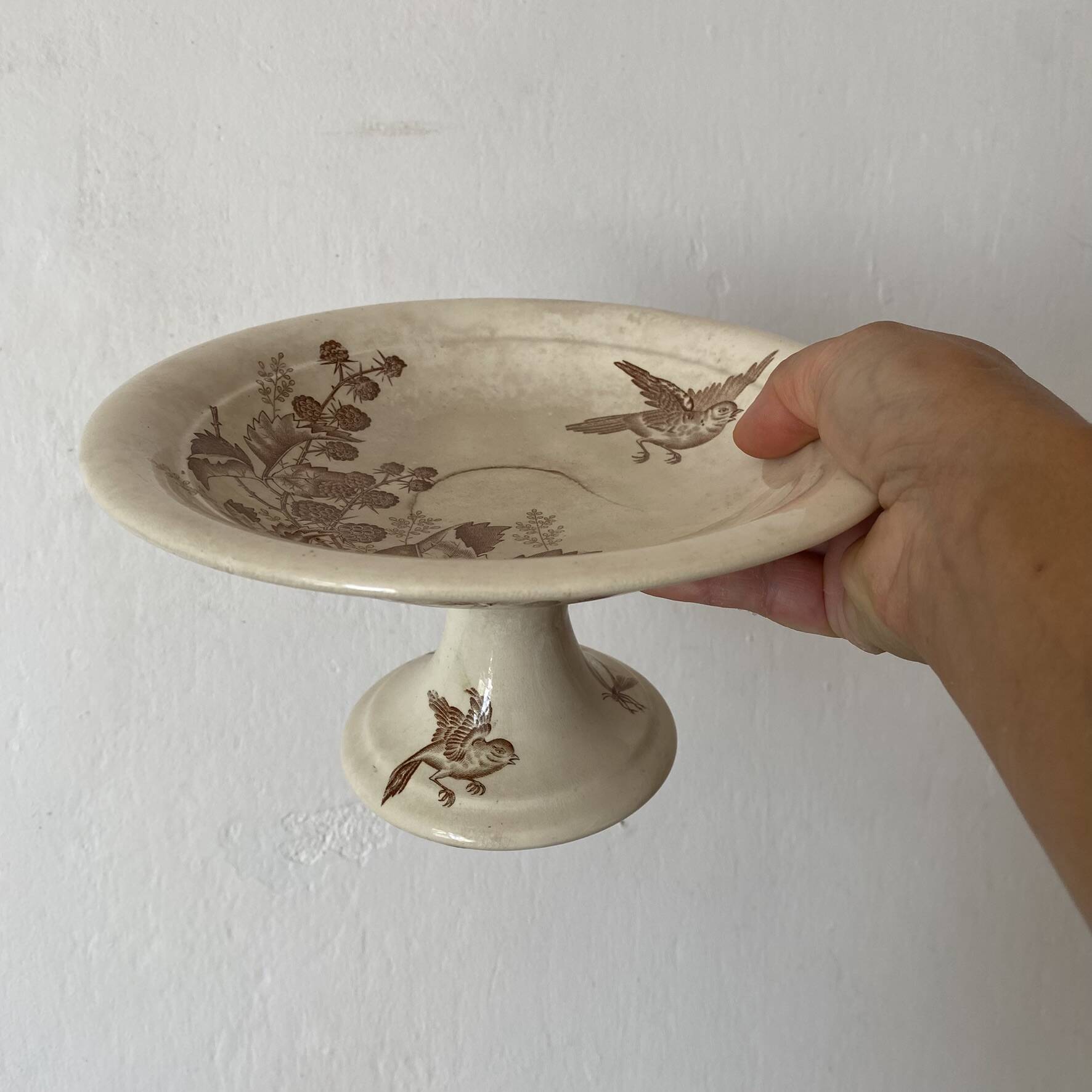 Sepia ironware compote dish, antique fruit bowl.