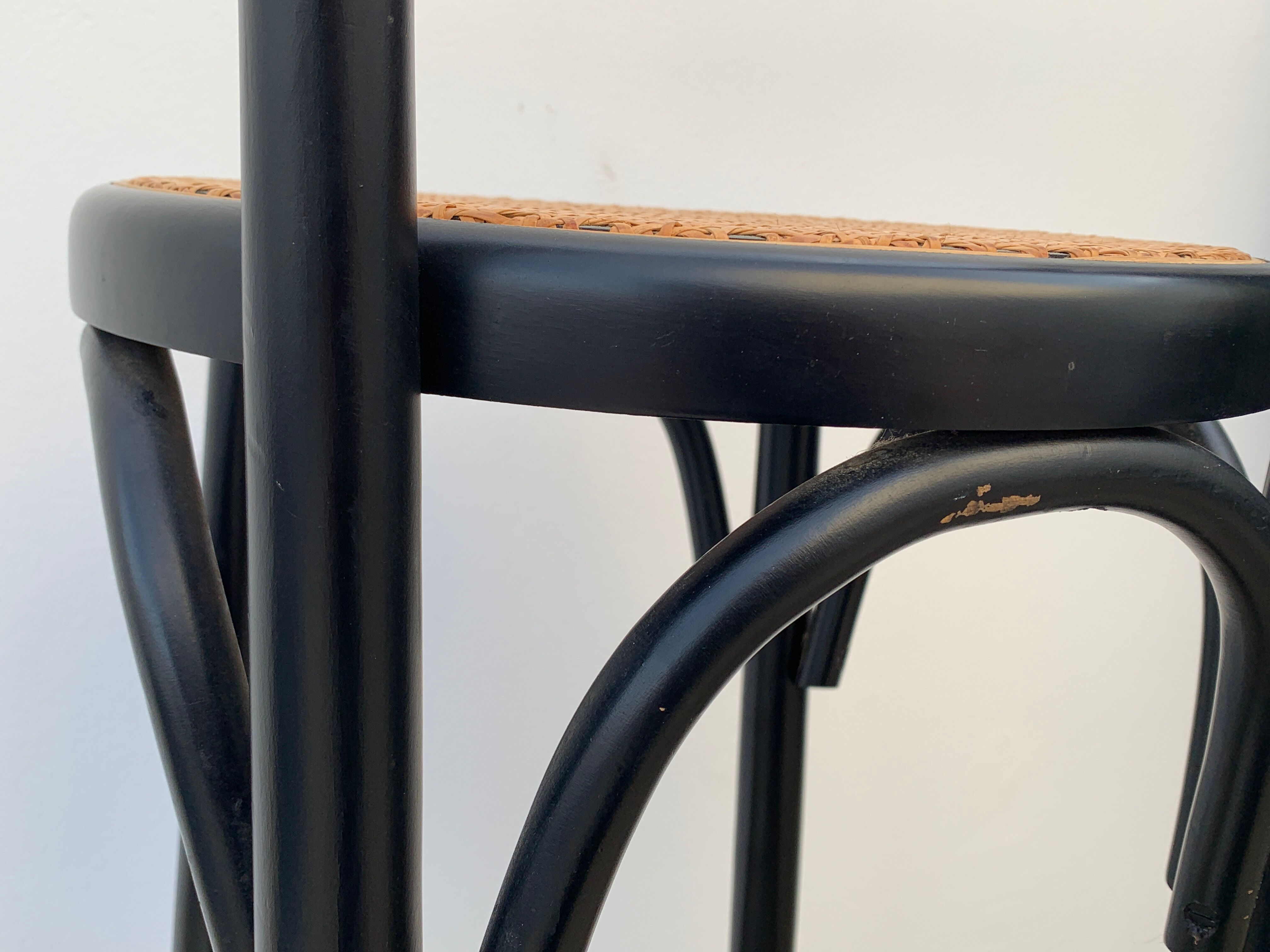 Pair of high canne stools or black curved wooden bar chairs, 1970