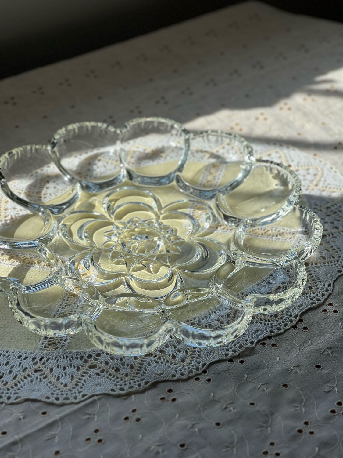Crystal glass egg dish/tray by August Walther Glass