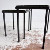 Green nesting coffee table with marble top and iron frame