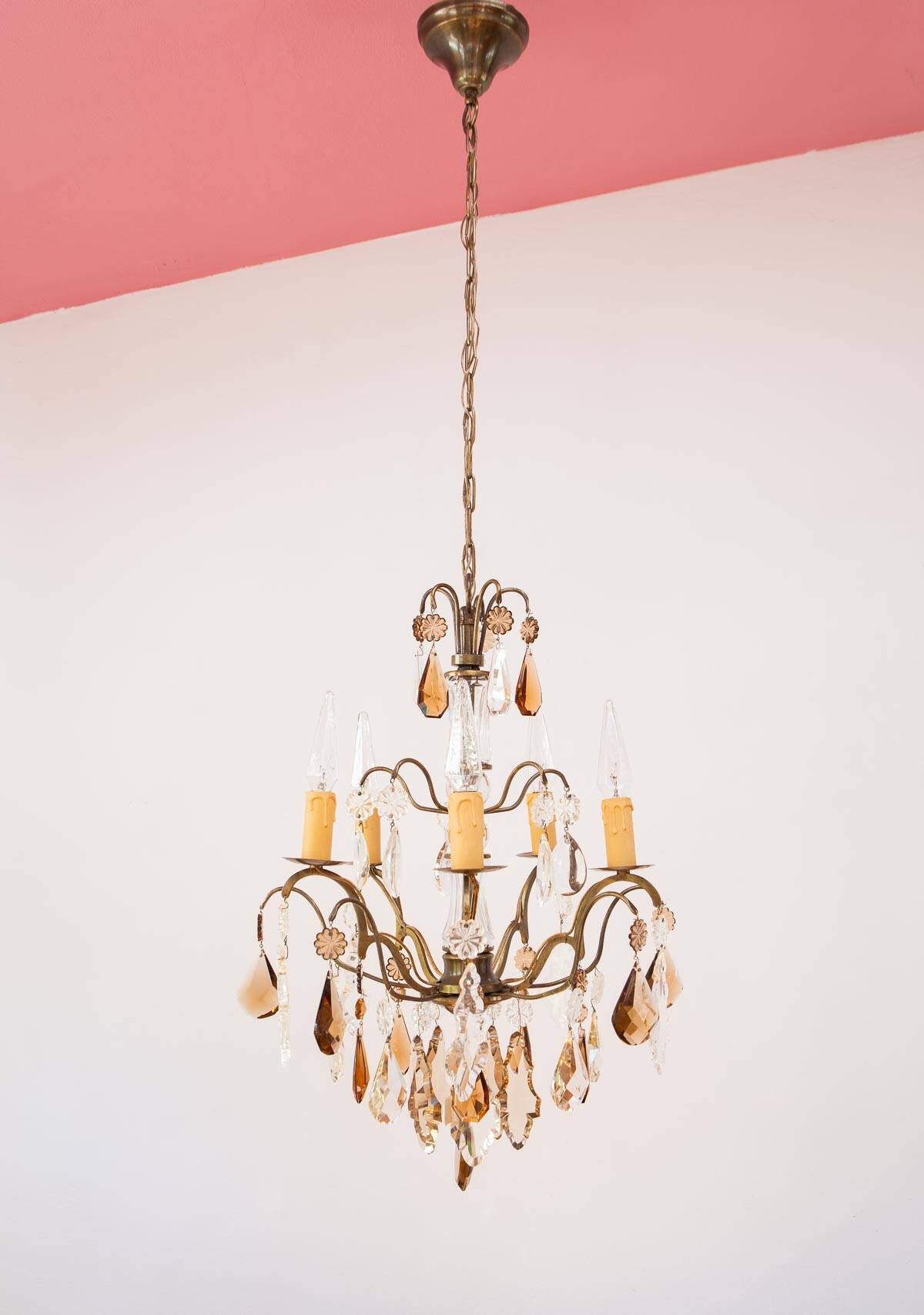Swedish 5-arm chandelier in patinated brass, mid-20th century