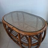 Oval coffee table in rattan and cane, vintage double top.