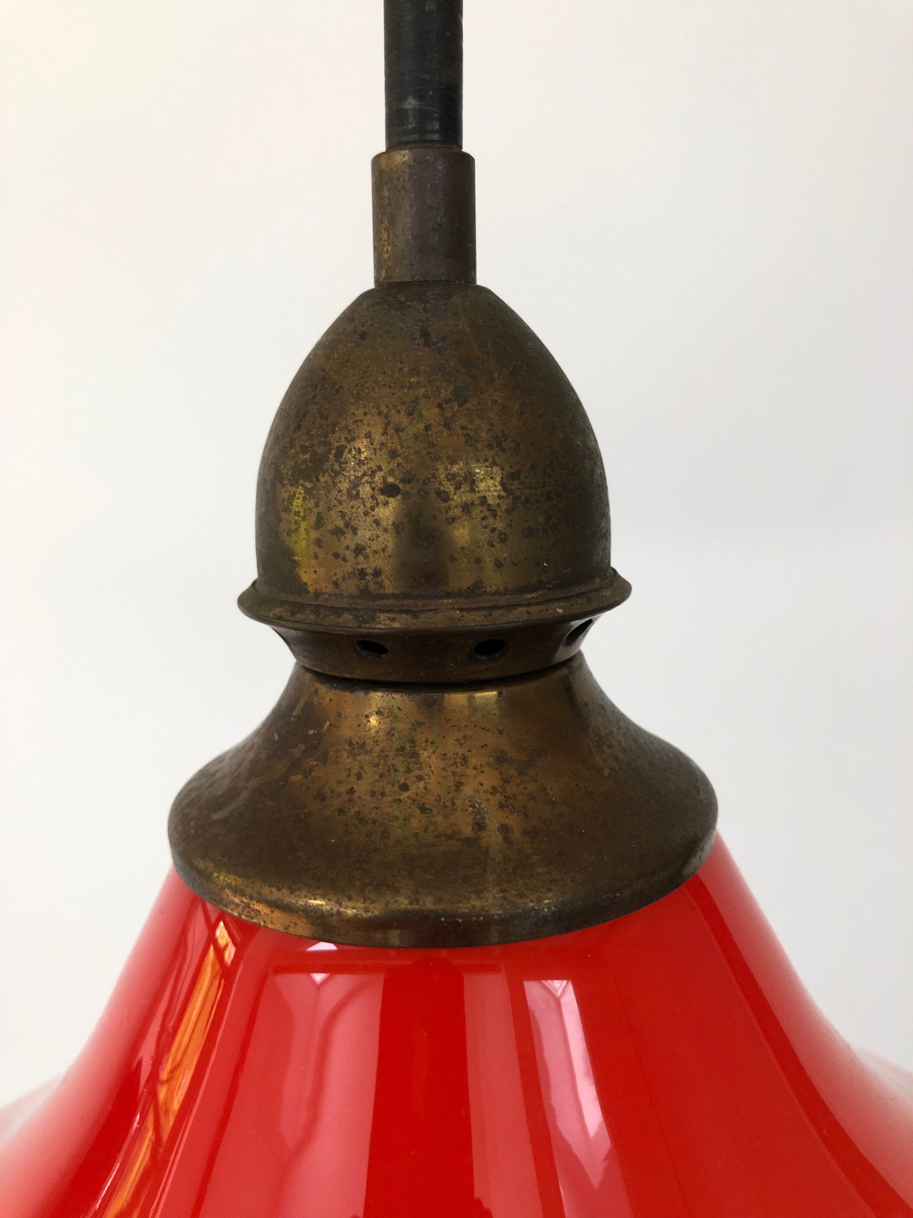Vintage glass and brass pendant lamp / Italy, 60s