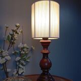 Vintage rustic chic wood table lamp with ecru thread shade