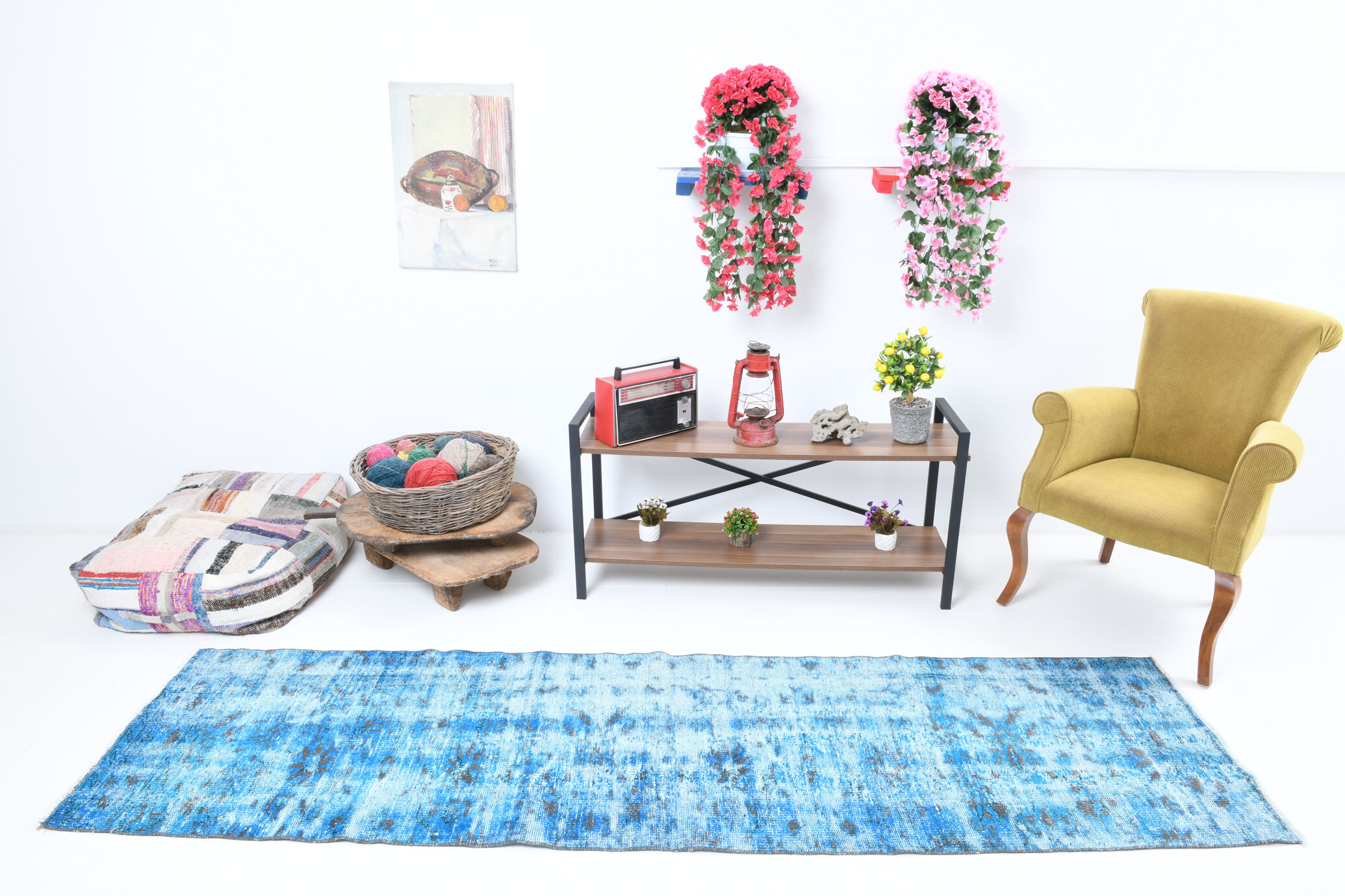 2x9 di̇stressed blue oushak runner rug, 282x75cm