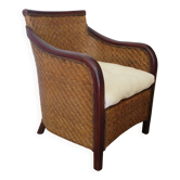 Fauteuil style colonial -  rotin tressé et bois exotique -vintage
