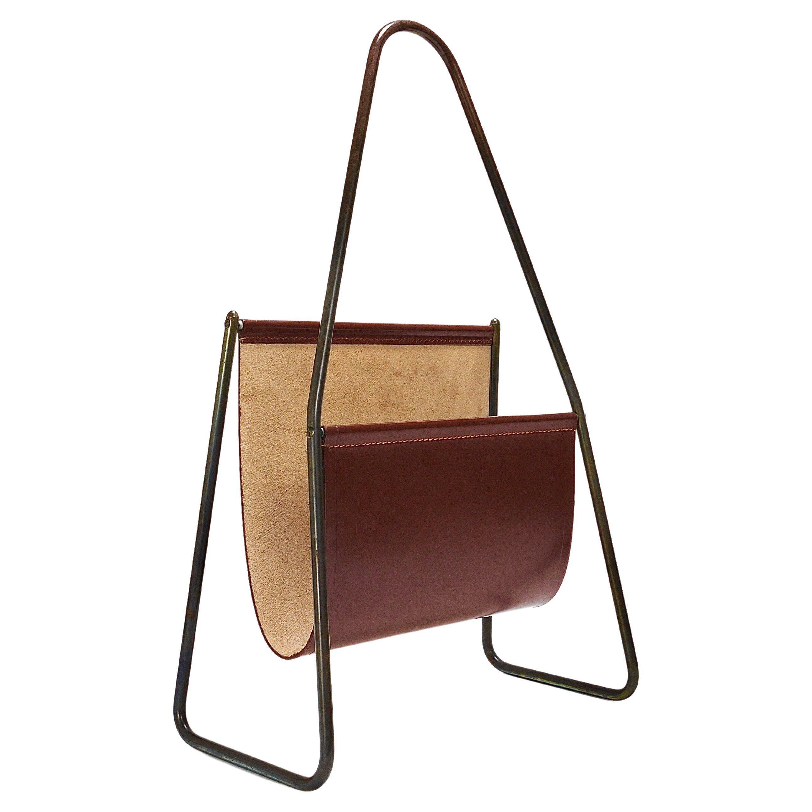 Carl Auböck II Magazine rack Midcentury, brass and brown leather, vintage, Austria