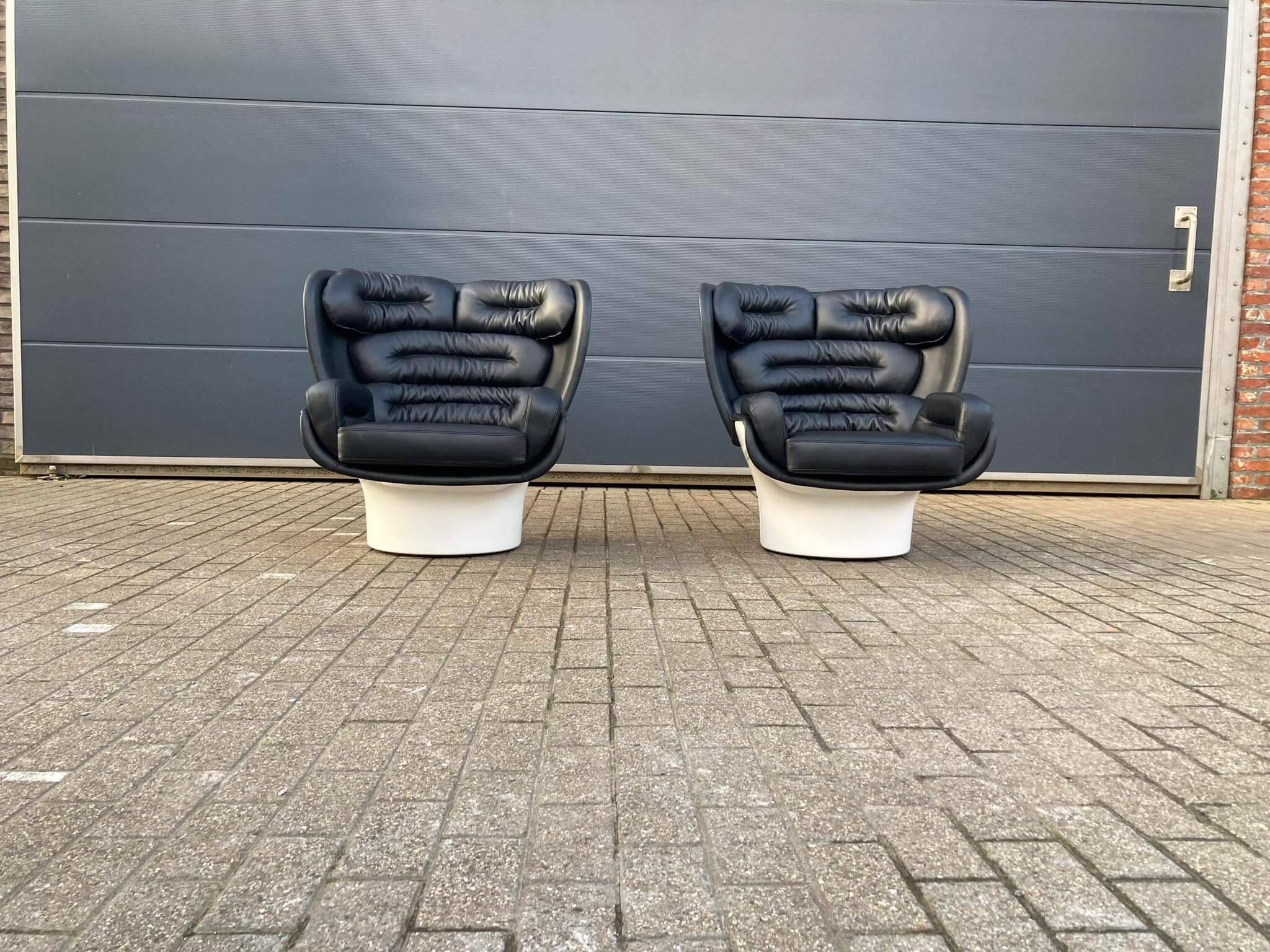 2x Joe Colombo Elda LONGHI Chair Black leather, White fiberglass