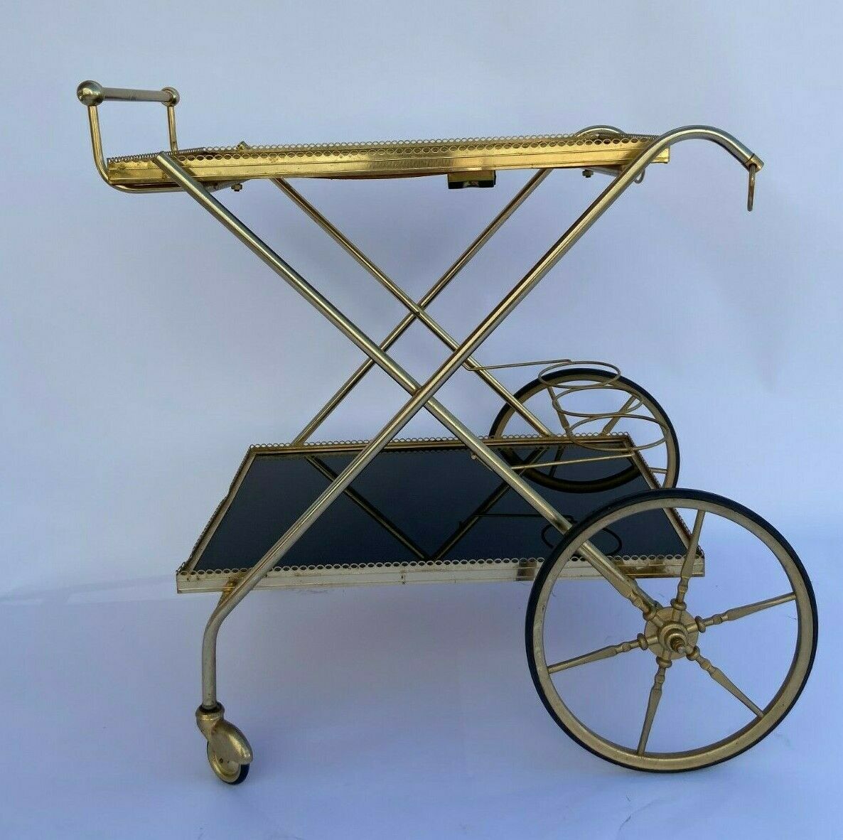 Vintage 1960's bar rolling table smoked glass gilded metal