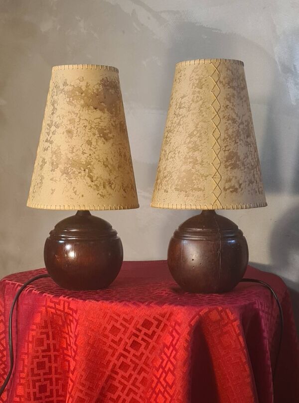 Paire lampe boules bois 1960 abat jour parchemin électricité refaite 33x17