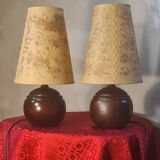 Pair of wooden ball lamps 1960 parchment lampshades electric redone 33x17