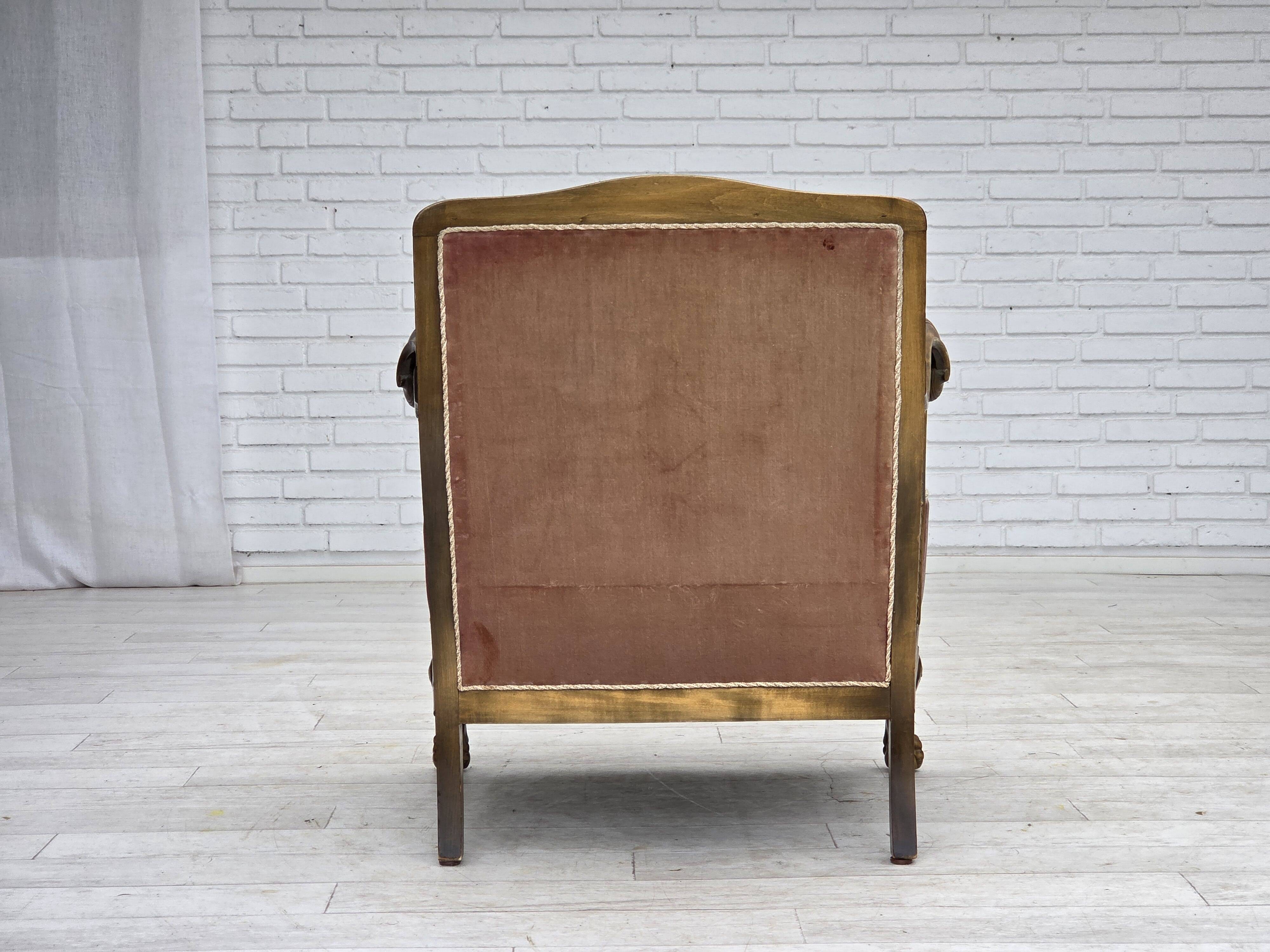 1940s, Danish armchair, woven wool, velour, mesh, carved oak wood.