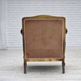 1940s, Danish armchair, woven wool, velour, mesh, carved oak wood.