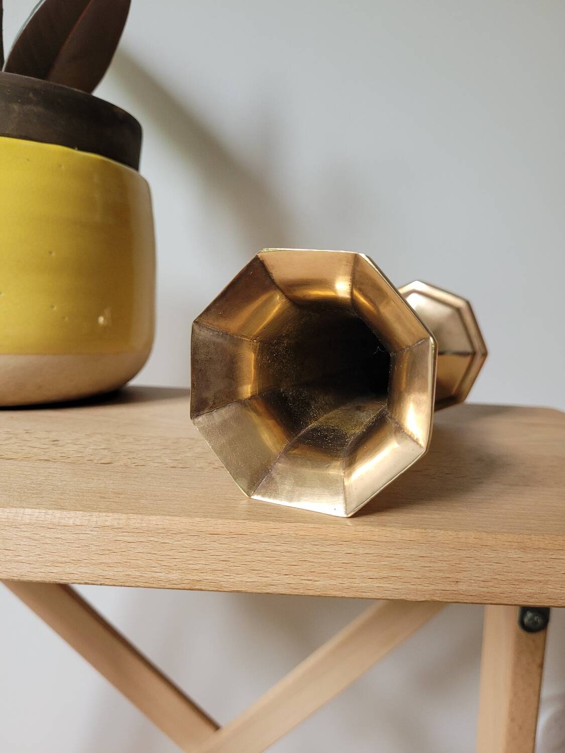Hexagonal brass vase in trumpet shape
