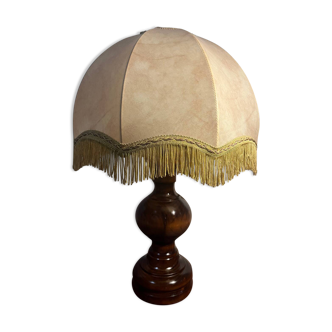 Solid wood floor lamp with 50s fabric and leather shade