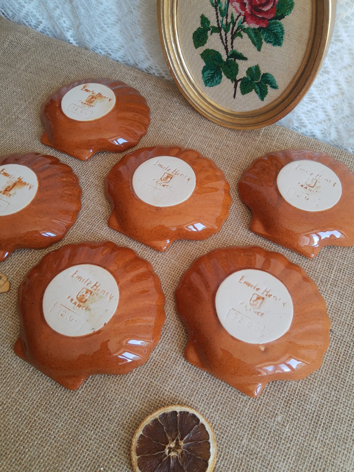 Set of 6 glazed scallop shell ramekins Emile Henry France