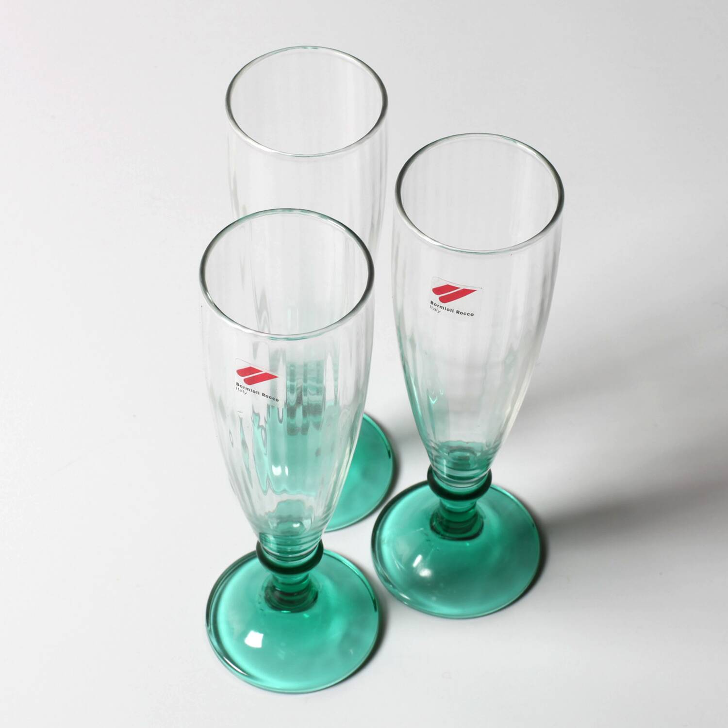 Set of 3 Vintage Green Stem Champagne Flutes: Bormioli Rocco Harmonia, 1990