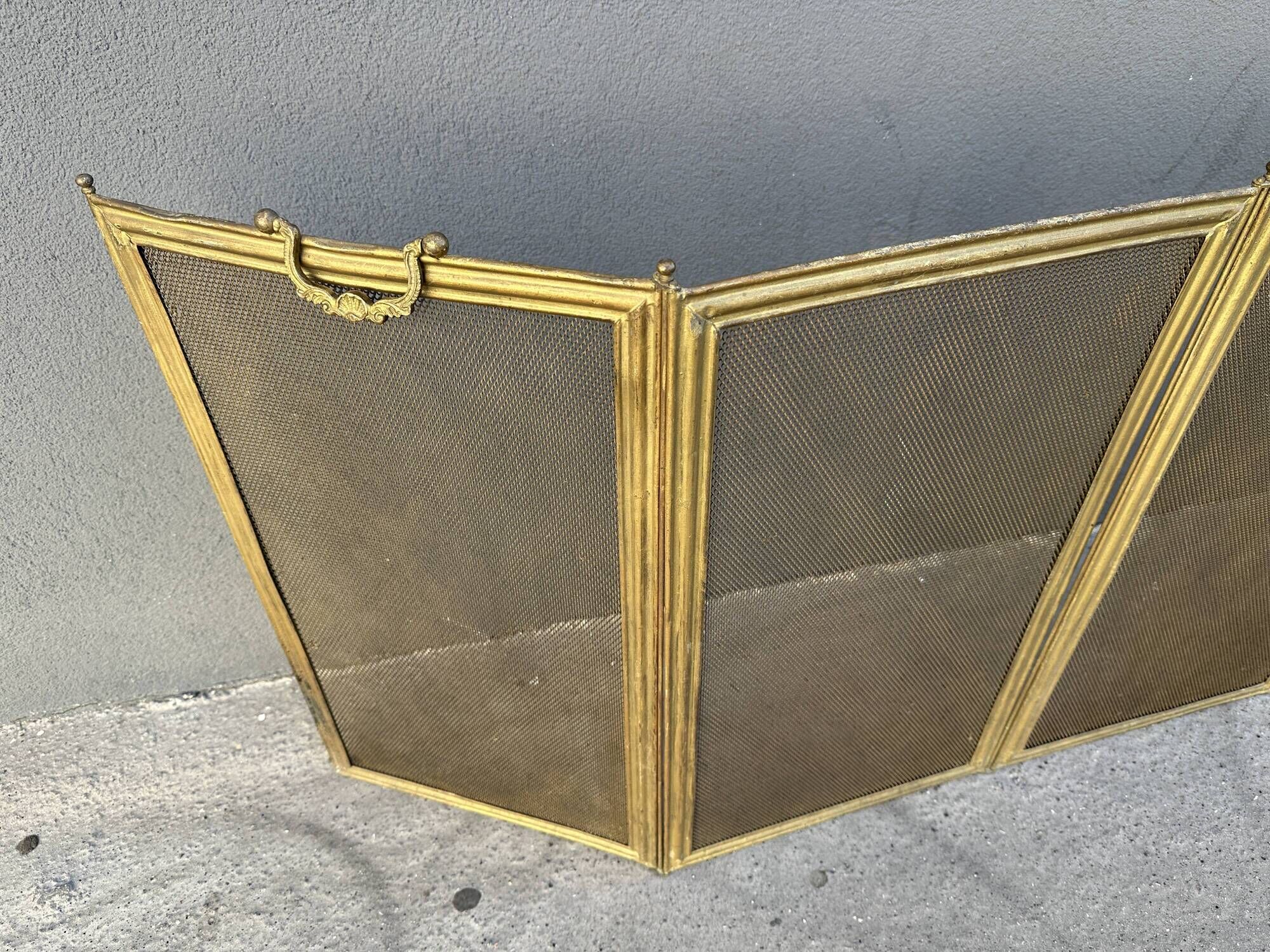 Antique 19th-century fireplace screen, French gilded spark guard.