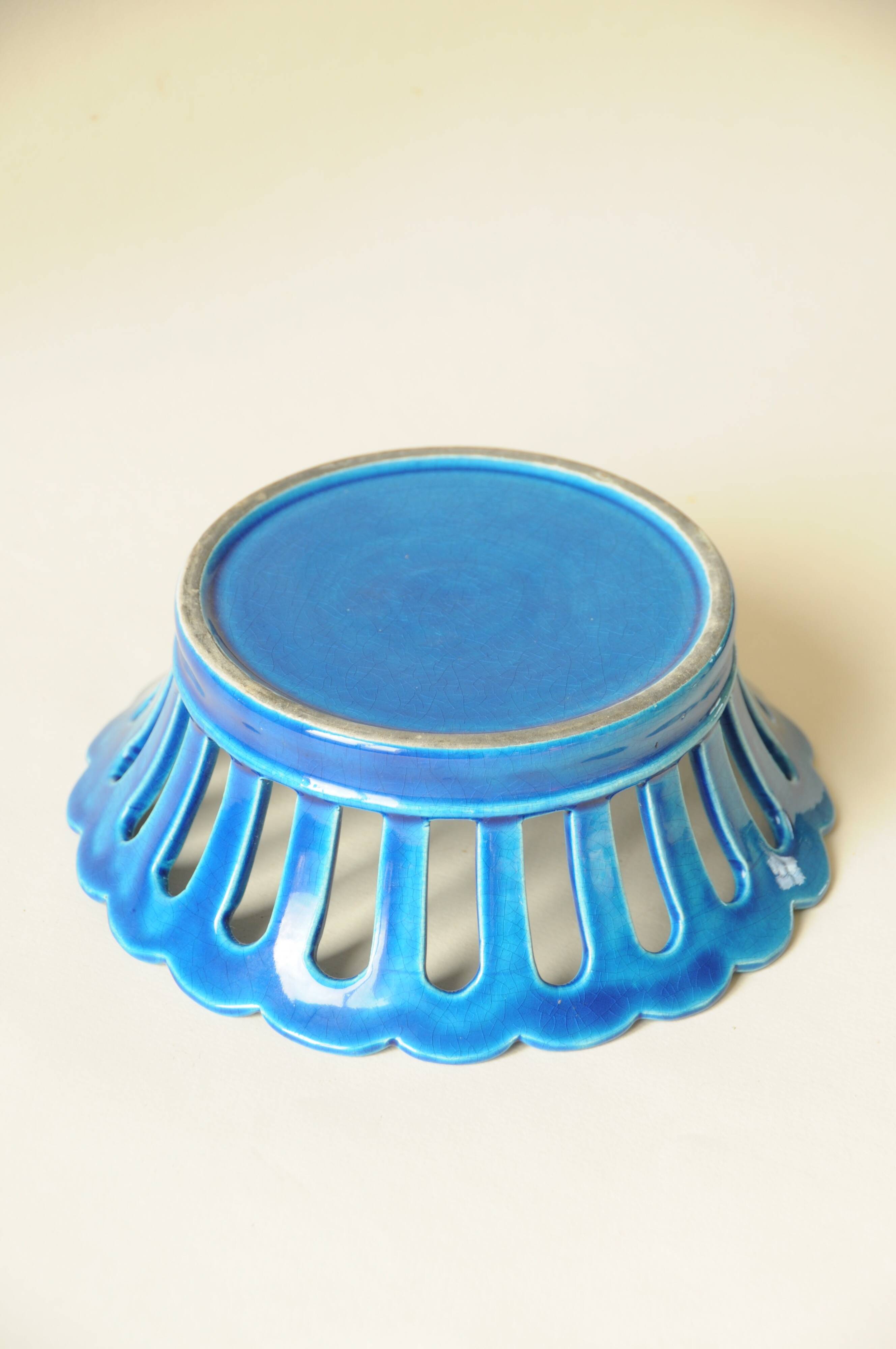 Blue openwork ceramic fruit bowl DLG from Bourg-Joly Malicorne