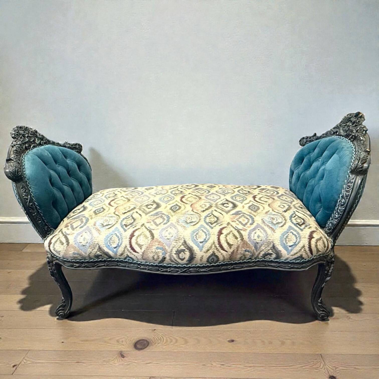 A Louis XV style chaise longue in dark blue and grey carved beech wood