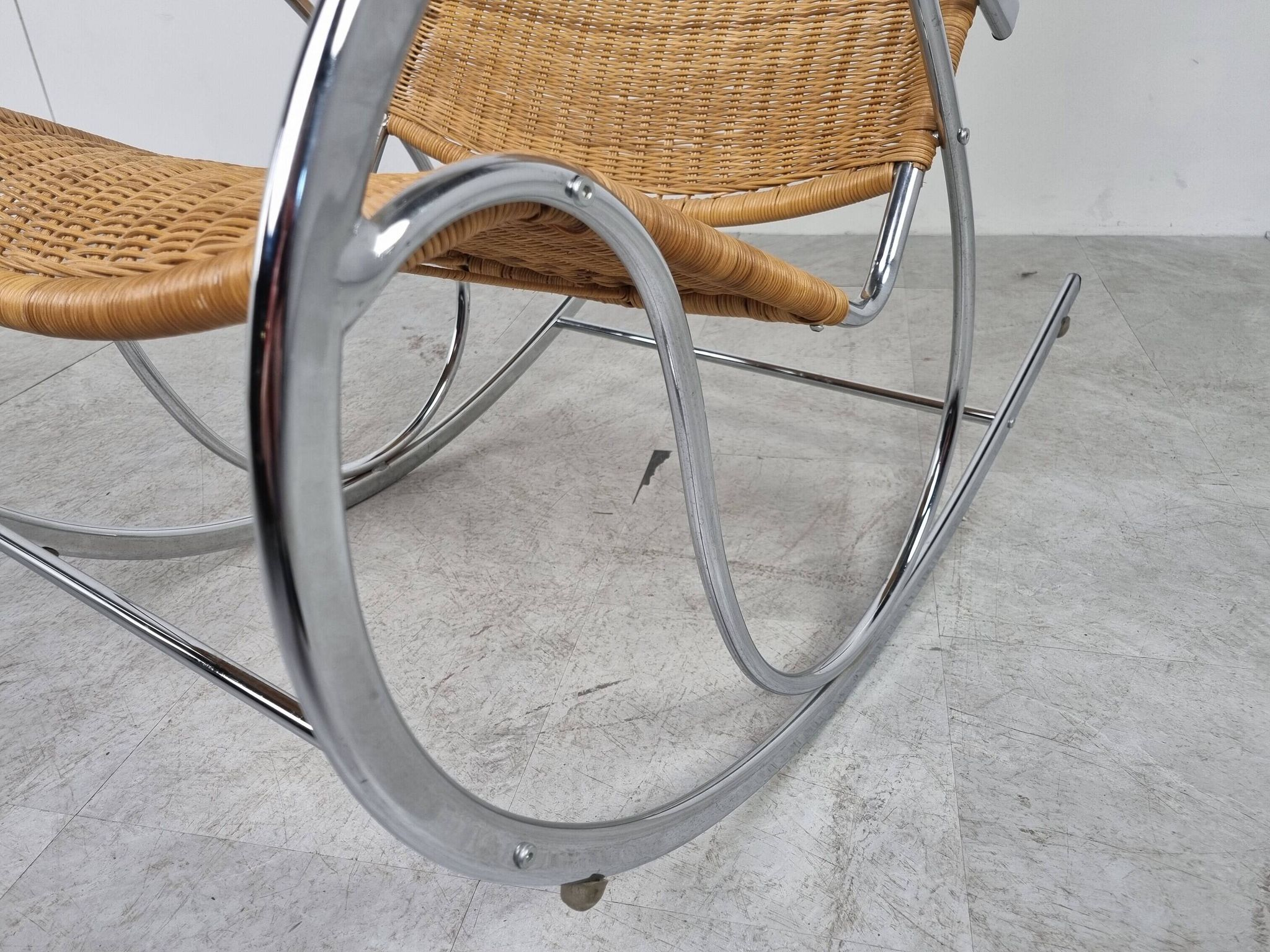 Vintage chrome and wicker rocking chair, 1970s